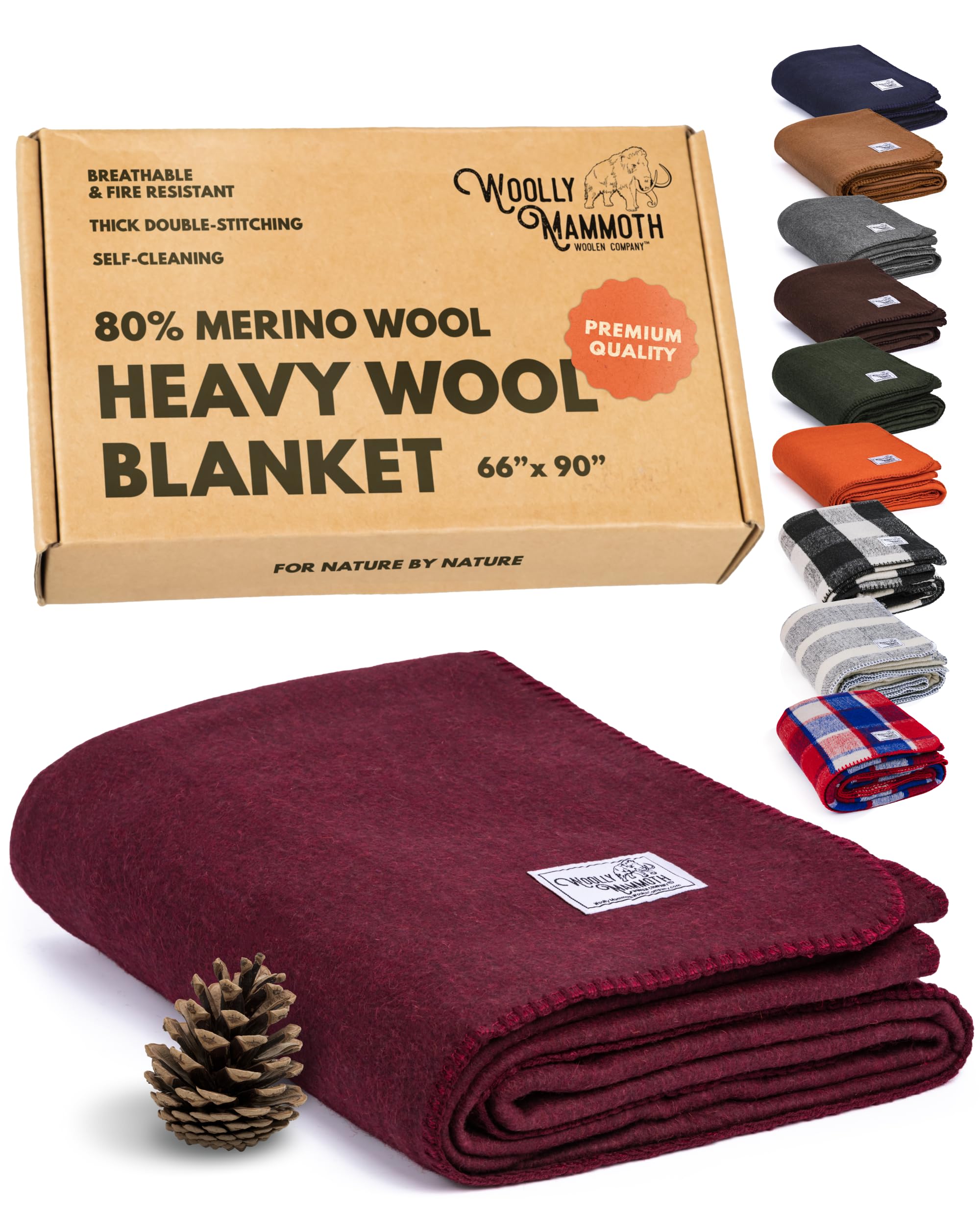 Woolly Mammoth Woolen Company Outdoor Merino Wool Throw Blanket - 66 x 90 in, Large, Burgundy - Heavy Thermal Camping Blankets - Breathable Wool Throw