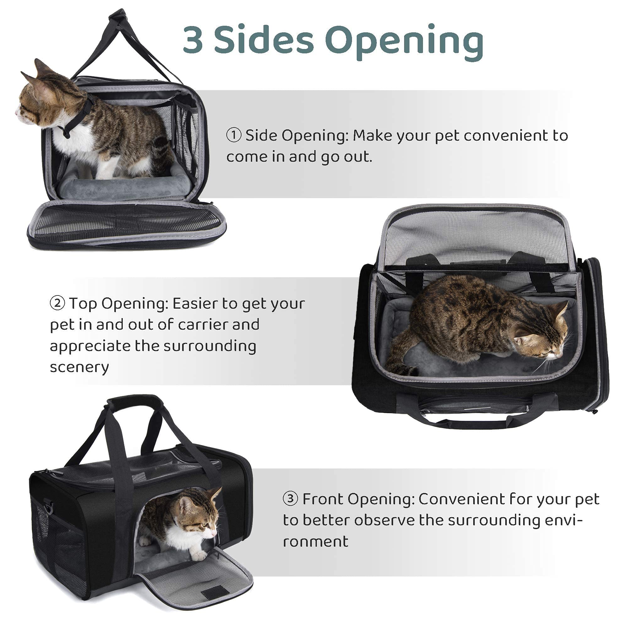 Wakytu Sac de transport pour chats et chiens de petite/moyenne taille, approuvé par la TSA, ventilation, 4 fenêtres en maille, 3 entrées, fermetures éclair verrouillables, bandoulière rembourrée, noir