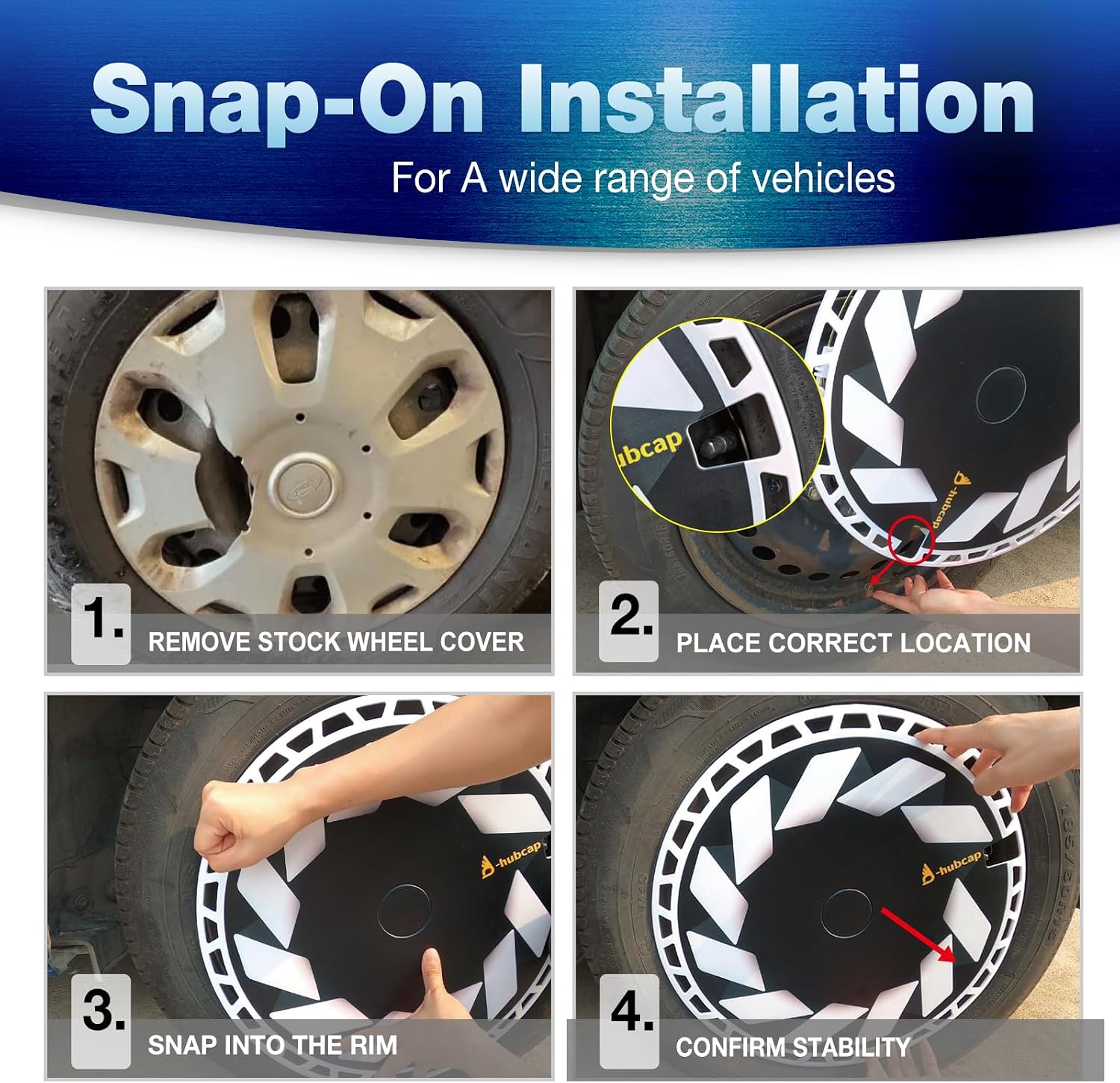 16-Inch UV Painted Universal Flat Hubcaps, Snap-On Design ABS Plastic Wheel Covers, Durable Automotive Wheel Hub Caps Fit for 16’’ Standard Steel Wheels, Black & White Set of 4 -UV002 Style