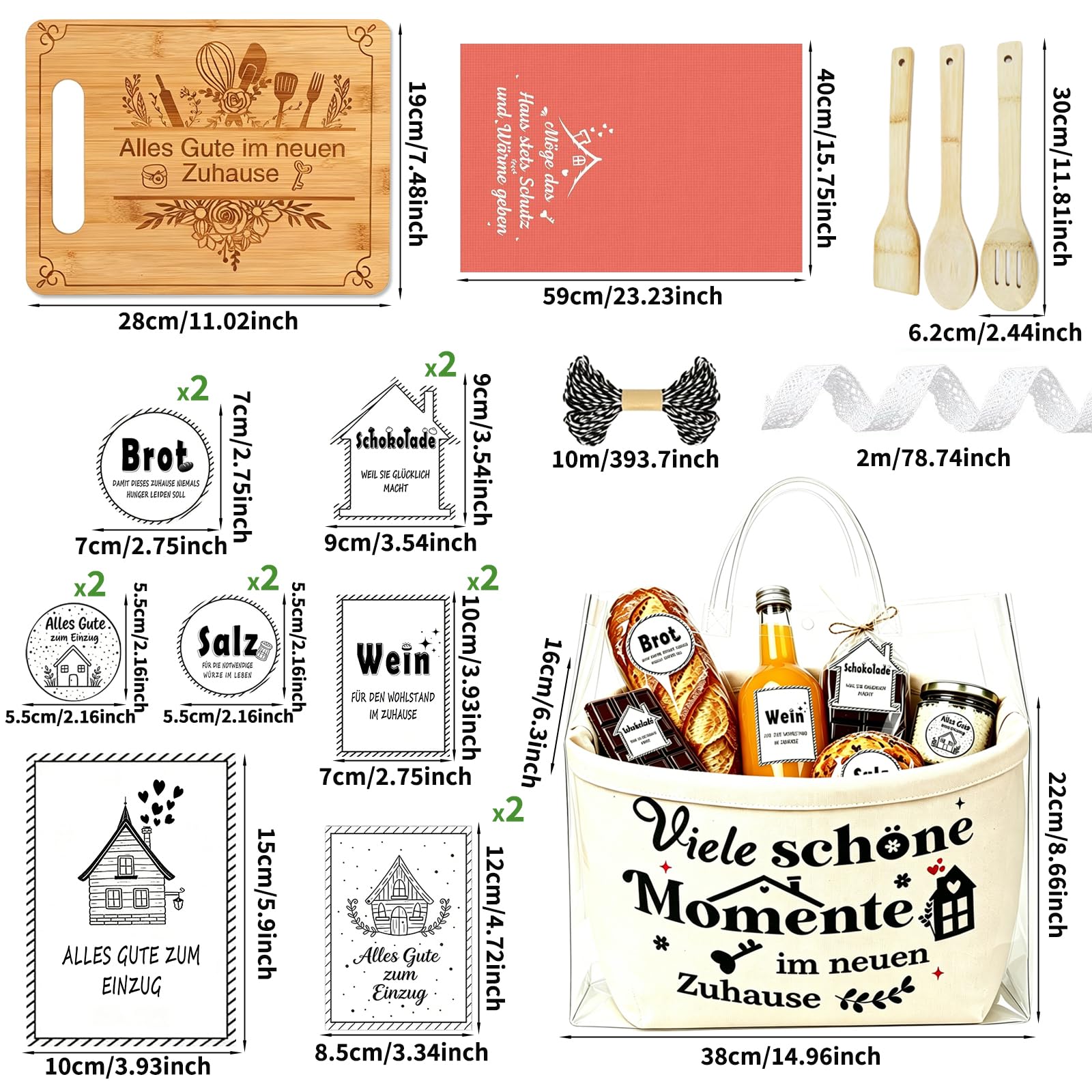 Einzugsgeschenk Set, Geschenk zum Einzug Haus Brot und Salz, Brotkorb mit Holz Schneidebrett, Geschirrtuch, Kochlöffel, Aufklebern, Einweihungsgeschenk für Haus, Wohnung, Mit Aufklebern und Karten