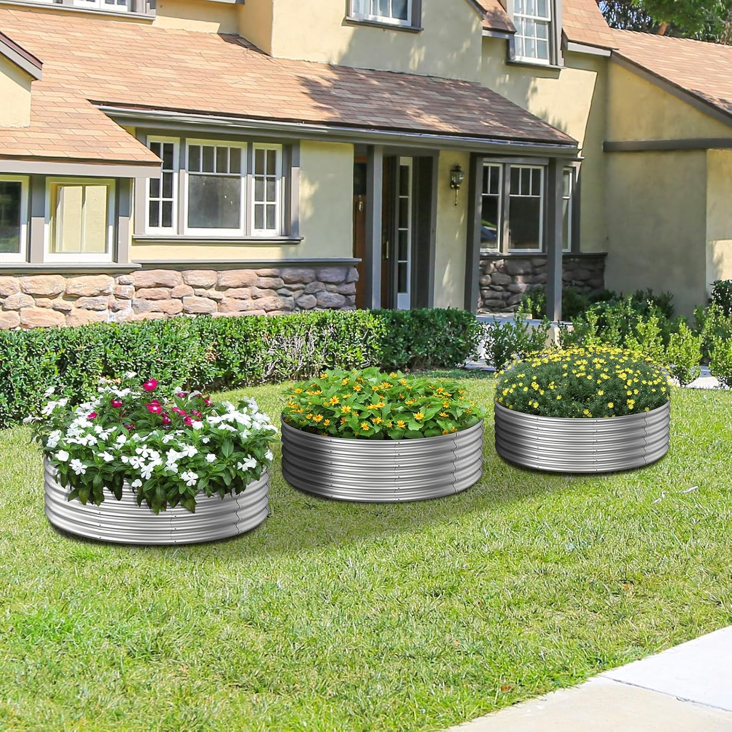 PINPON 4x4x1ft Round Galvanized Raised Garden Bed Outdoor, Large Metal Planter Box for Vegetables, Flower, and Herb Garden, Above Ground Galvanized Steel Garden Bed for Backyard, Patio