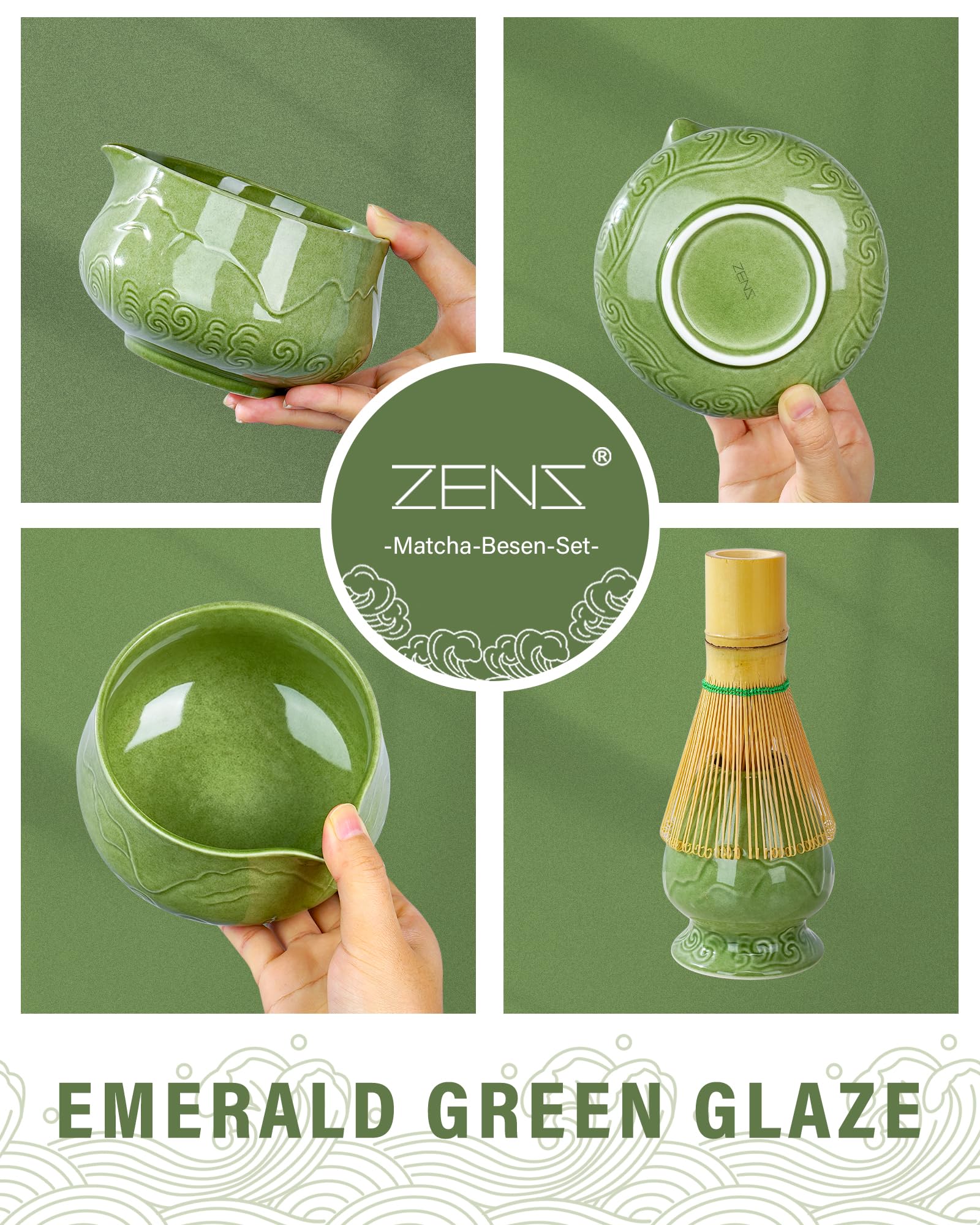 ZENS Juego de batidores de matcha, cuenco de cerámica para matcha de 17 onzas con boquilla y batidor de bambú, cuchara y paño de té, kit de 5 piezas para ceremonia de matcha, verde esmeralda