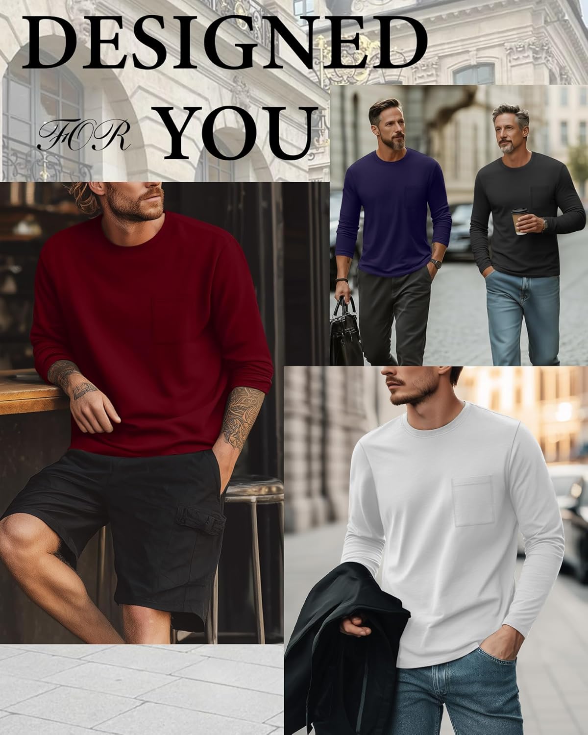 4 Pack Men's Big and Tall Shirts Long Sleeve Pocket T-Shirts Cotton Crew Neck Tops Comfy Slim Fit Breathable Tees - Image 2