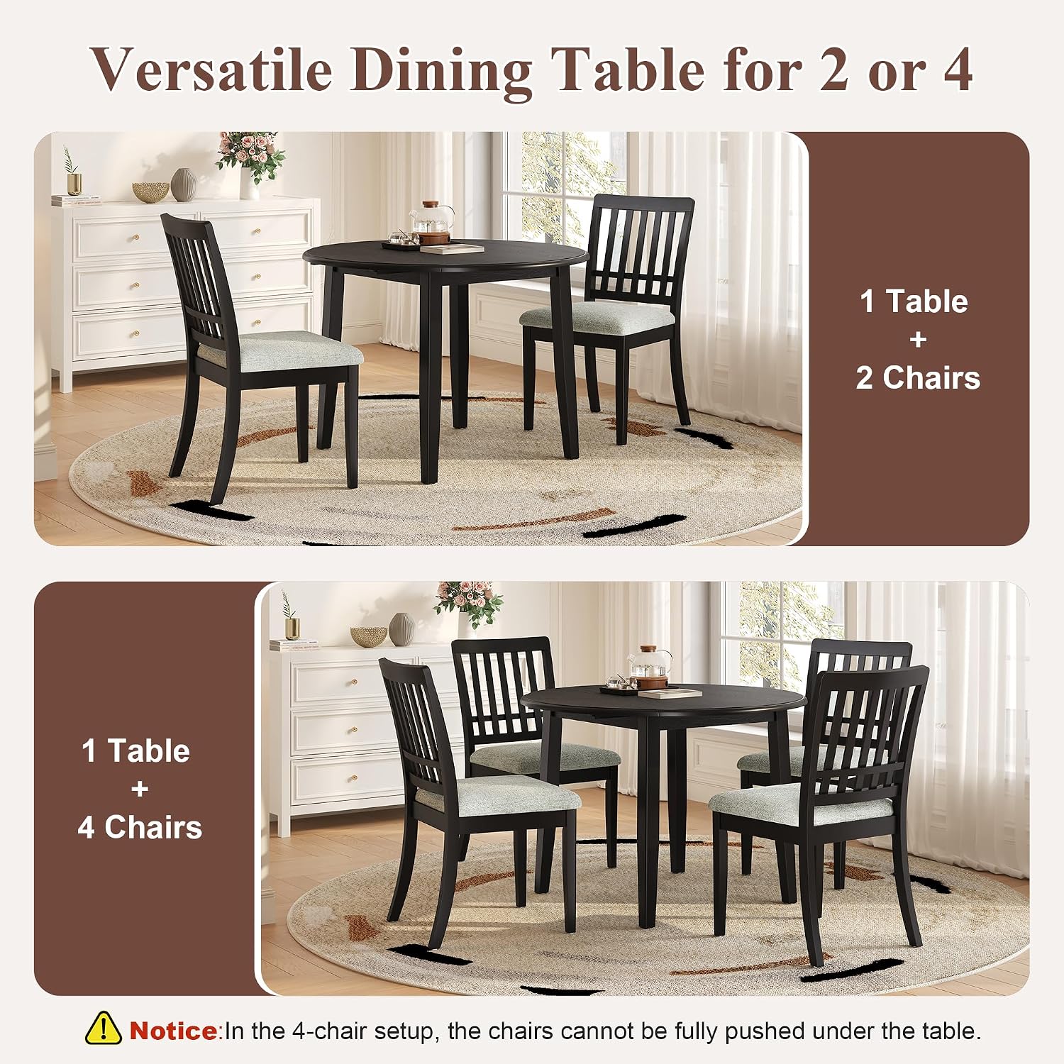 Merax 3-Piece Round Drop-Leaf Wood Dining Table Set, 1 Folding Expandable Table & 2 Upholstered Chairs, 250LBS Weight Capacity Space-Saving for 2 People, Small Apartments, Kitchen Room, Black