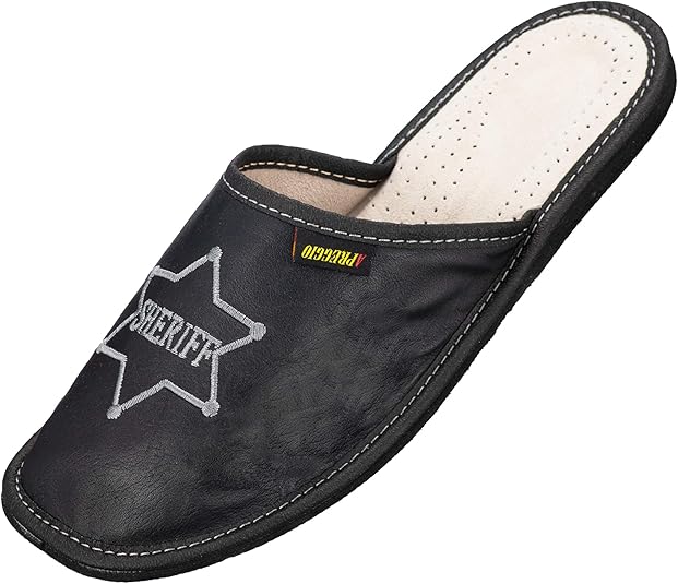 APREGGIO - Men's Leather Slippers - Non-Slip Sole - with Embroidery - Leisure & Home - Sizes 40,41,42,43,44,45,46