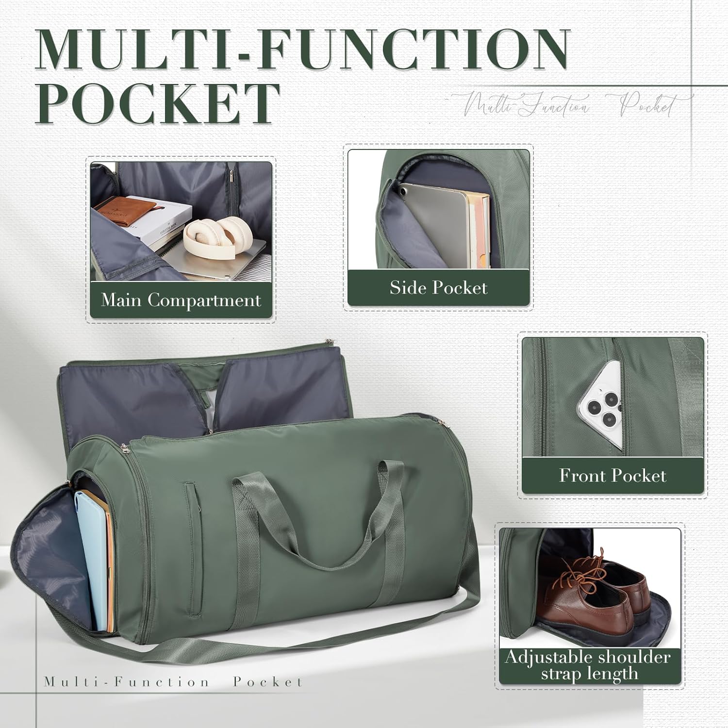 Convertible Garment Bags for Travel Carry On Garment Bag For Men Women Foldable Duffle Bag For Travel,2 in 1 Hanging Suitcase Suit Travel Bags （Olive Green）