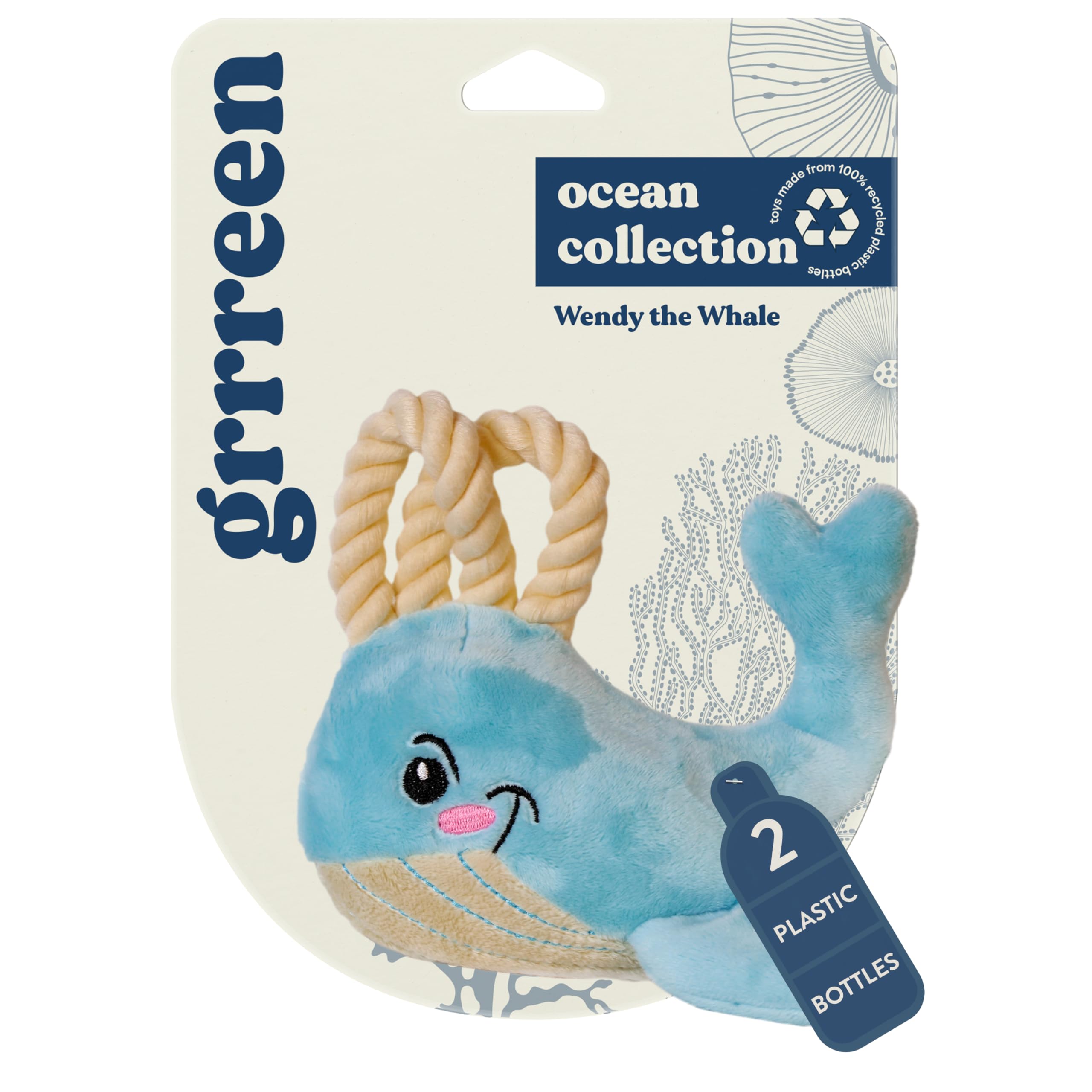 GRRREEN Dog Toys | Plush Toy Whale Stuffed Animal for Dogs | Small Eco Friendly Toy - Easy to Clean and Made from Non Toxic Materials