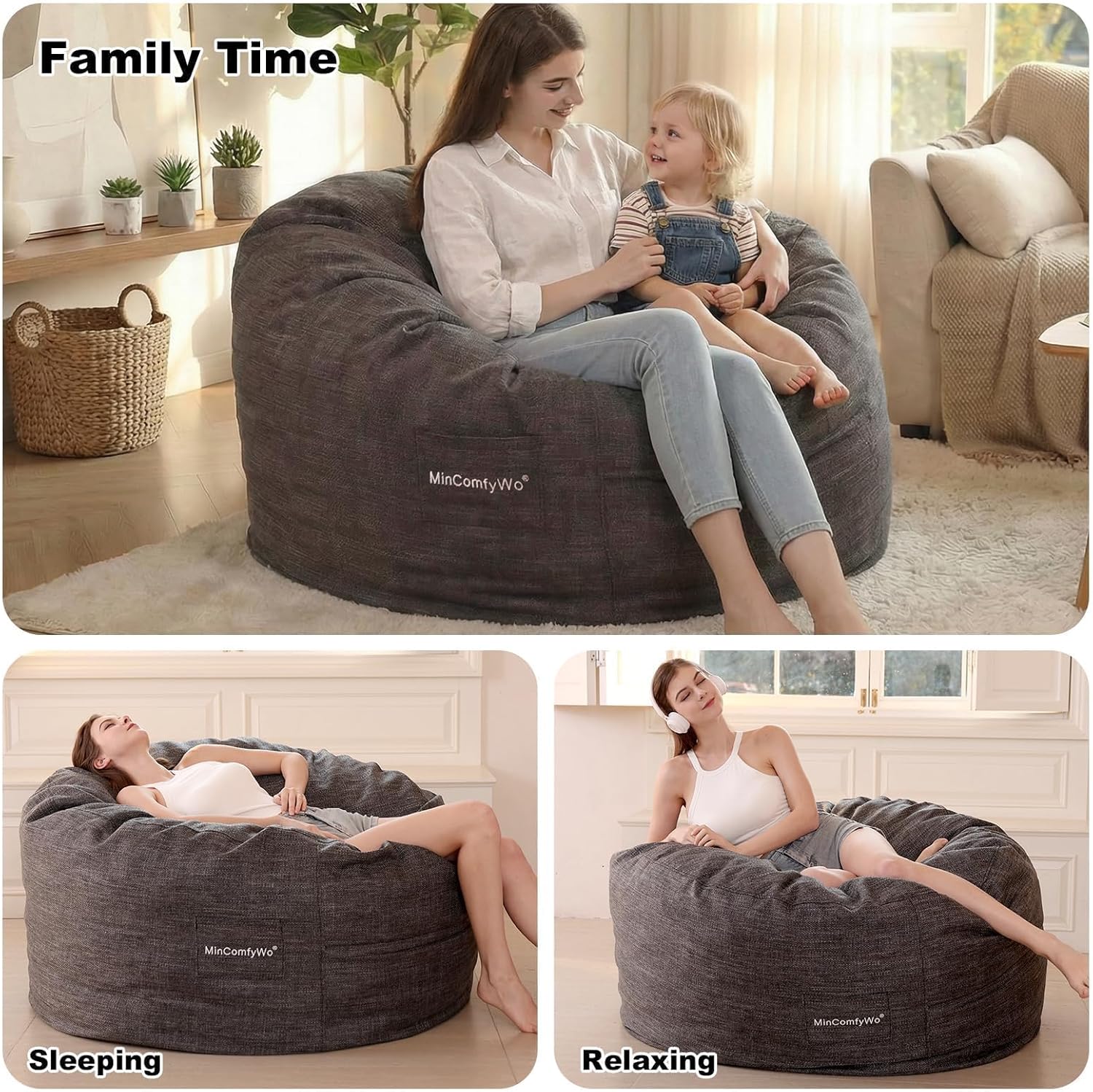 4FT Bean Bag Chair for Adults, Oversized Bean Bag Sofa, Soft Supportive Bean Bags with Durable Removable Cover for Living Room, Bedroom, Gaming Room, Kids & Teens-Cover-Olefin-Dark Grey