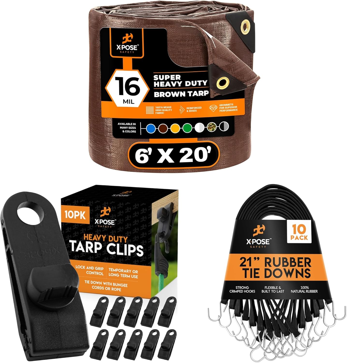 6' x 20' Super Heavy Duty 16 Mil Brown Poly Tarp Cover, Rubber Bungee Cords 10-Pack 21"(32” Max Stretch) & 10-Pack Heavy Duty Reusable Tarp Clips for Canopy, Boat, Cargo- by Xpose Safety
