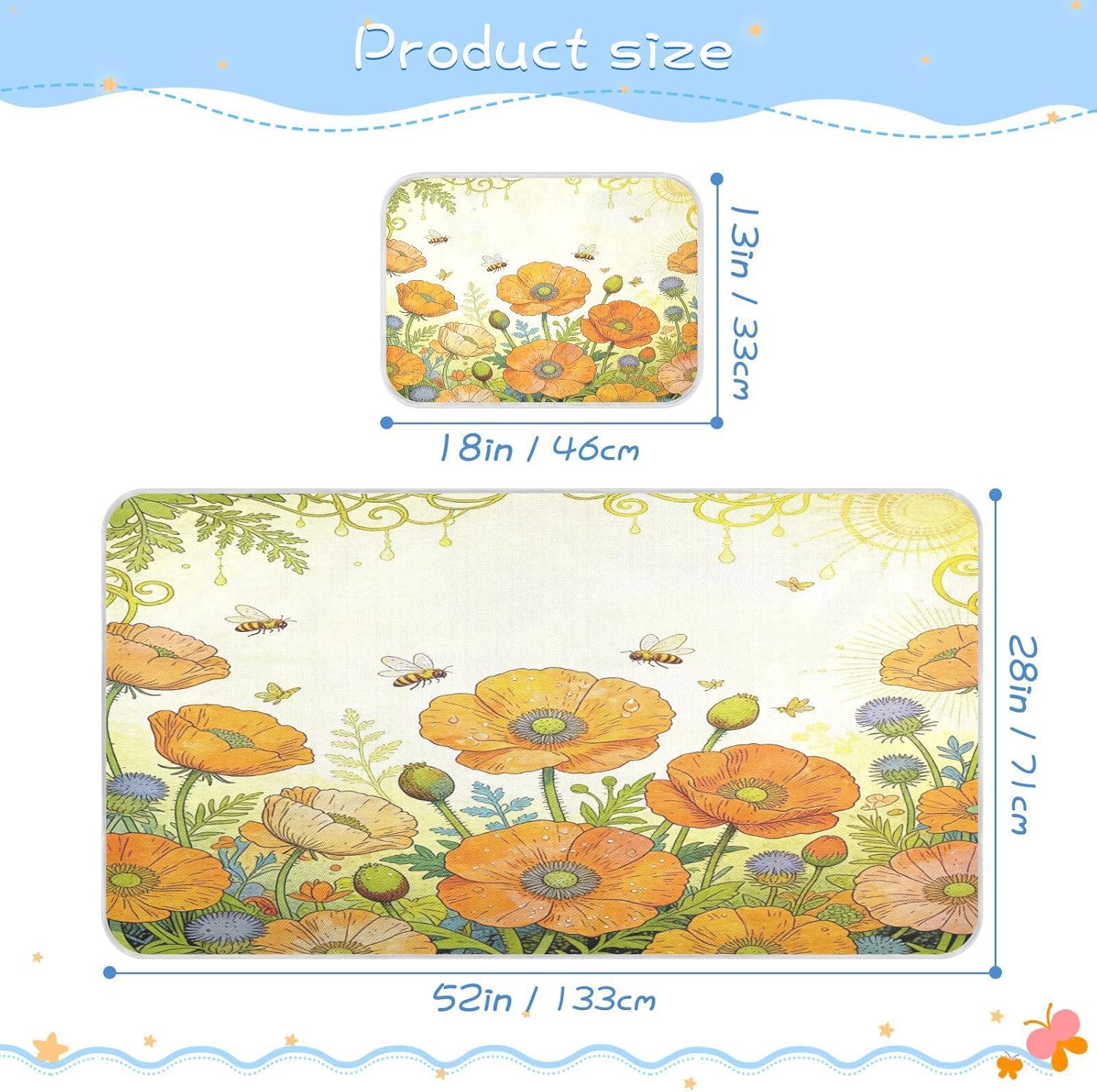 Cooling Baby Washable Mattress 28" x 52" Reusable Summer Flower and Bee Pads Washable for Kids, Adult