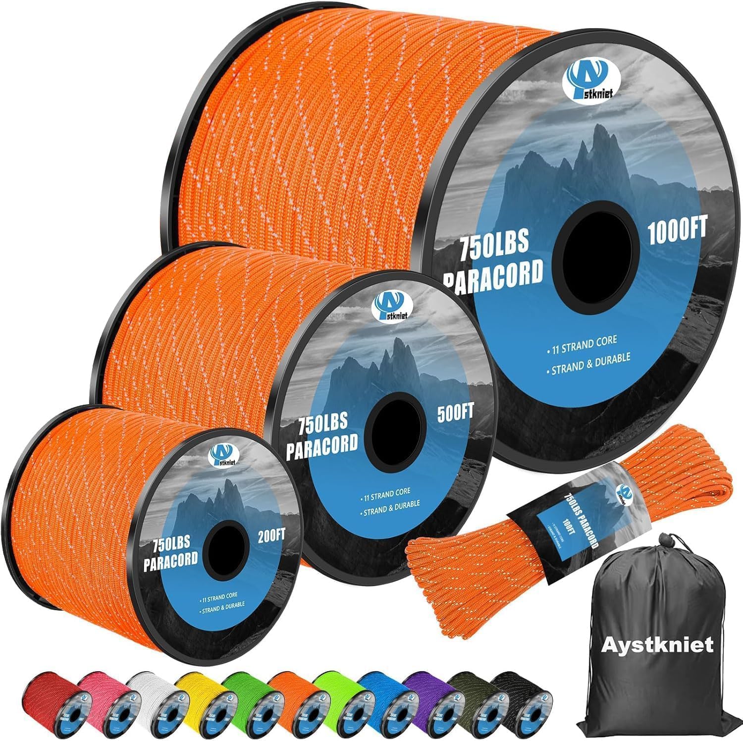 750Ib Reflective Paracord Rope,100' 200' 500' 1000', 4mm 11 Strand Parachute Spool Cord with Collecting Bag, para Cord Lanyard for Hammock, Camping