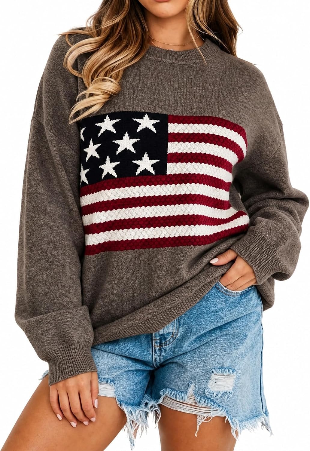 BONITEE Women American Flag Sweater Long Sleeve Crewneck Graphic USA Sweatshirt Loose Fit Knit Pullover
