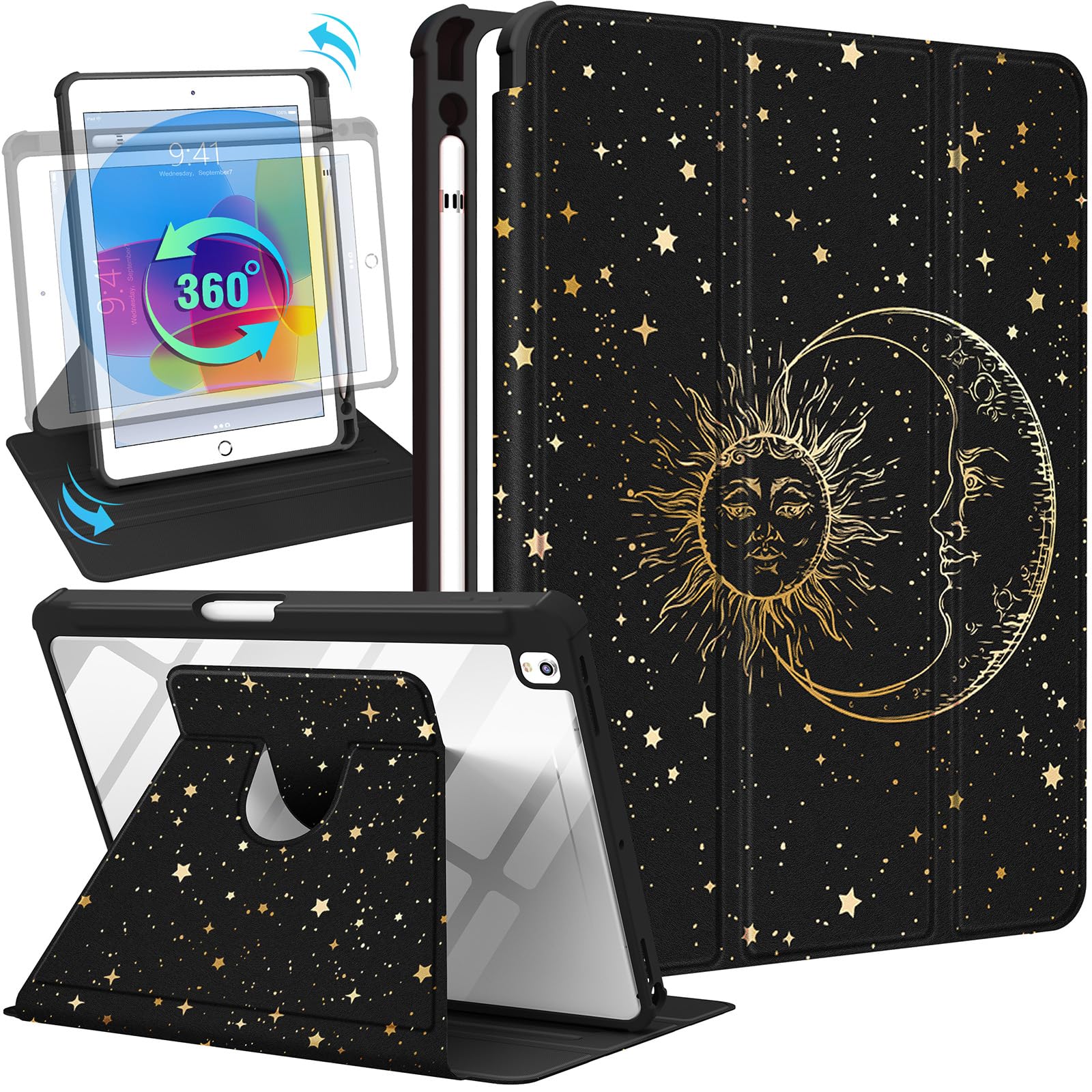 Uppuppy for iPad 9th/8th/7th/Air 3rd Generation Case 10.2& for iPad Pro 10.5 Inch Cases 360 Degree Rotating Stand Folio Cover with Pencil Holder Women Sun Moon Star Cool for Apple iPad 2021/2020/2019