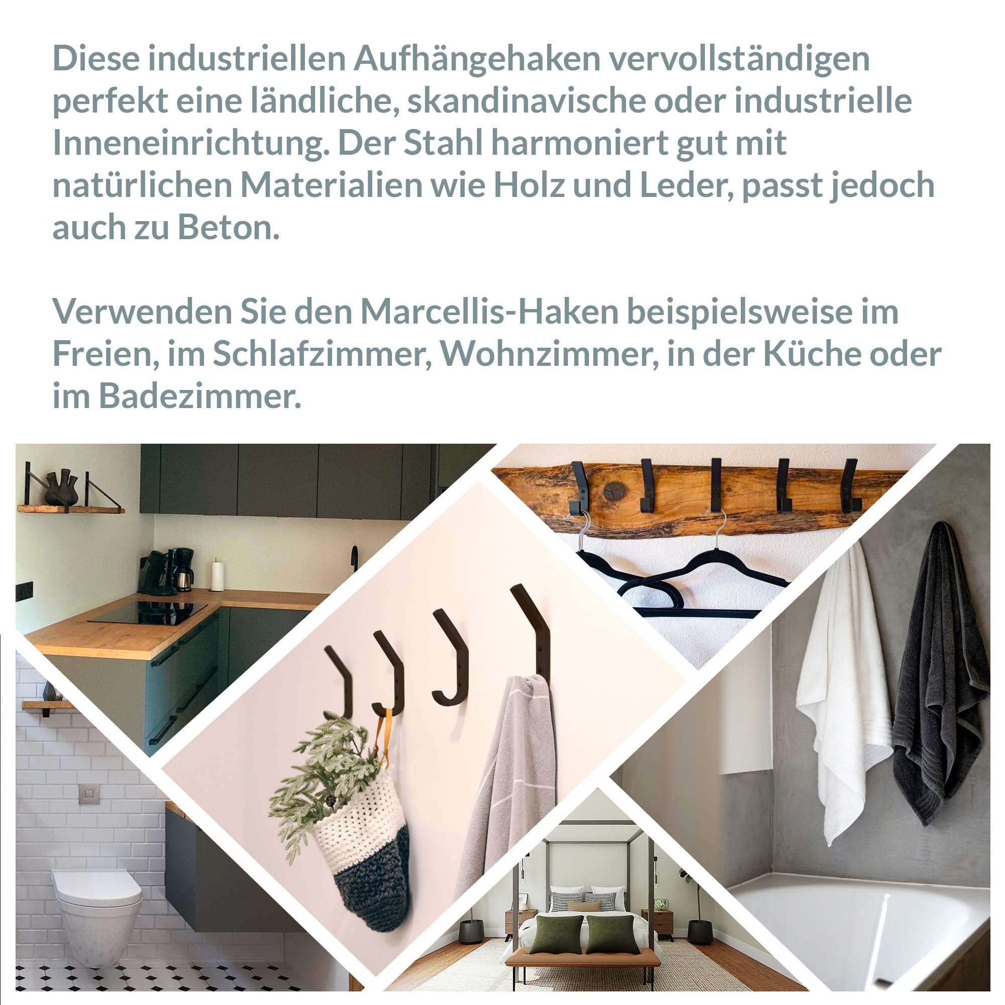 Marcellis Premium Haken, Matt Schwarz, 5x Industrielle Haken (80 kg Tragkraft) - Für einfache Handhabung entworfen mit hochwertiger Verarbeitung und Montagematerial - 11x2x4,2 cm (HxWxD)