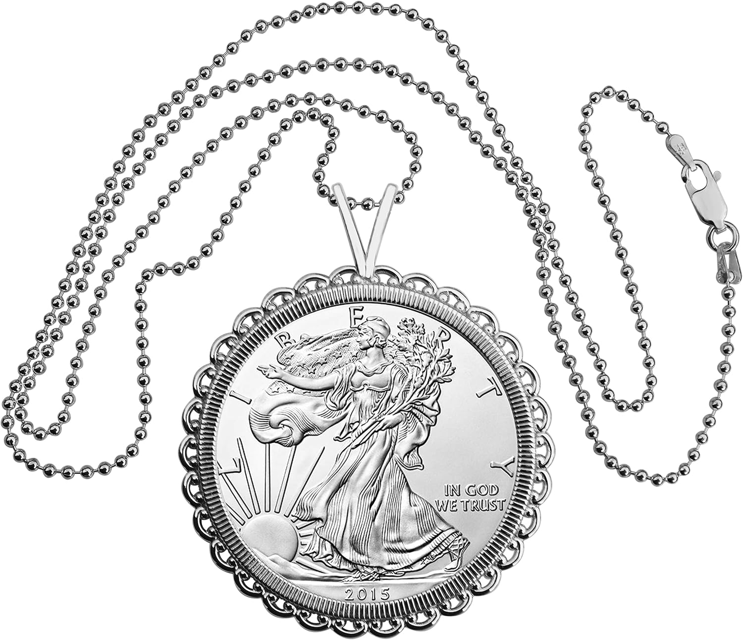 2015 US 1 Troy Oz .999 Fine Silver American Eagle Round BU Uncirculated Coin Solid 925 Sterling Silver Necklace NEW