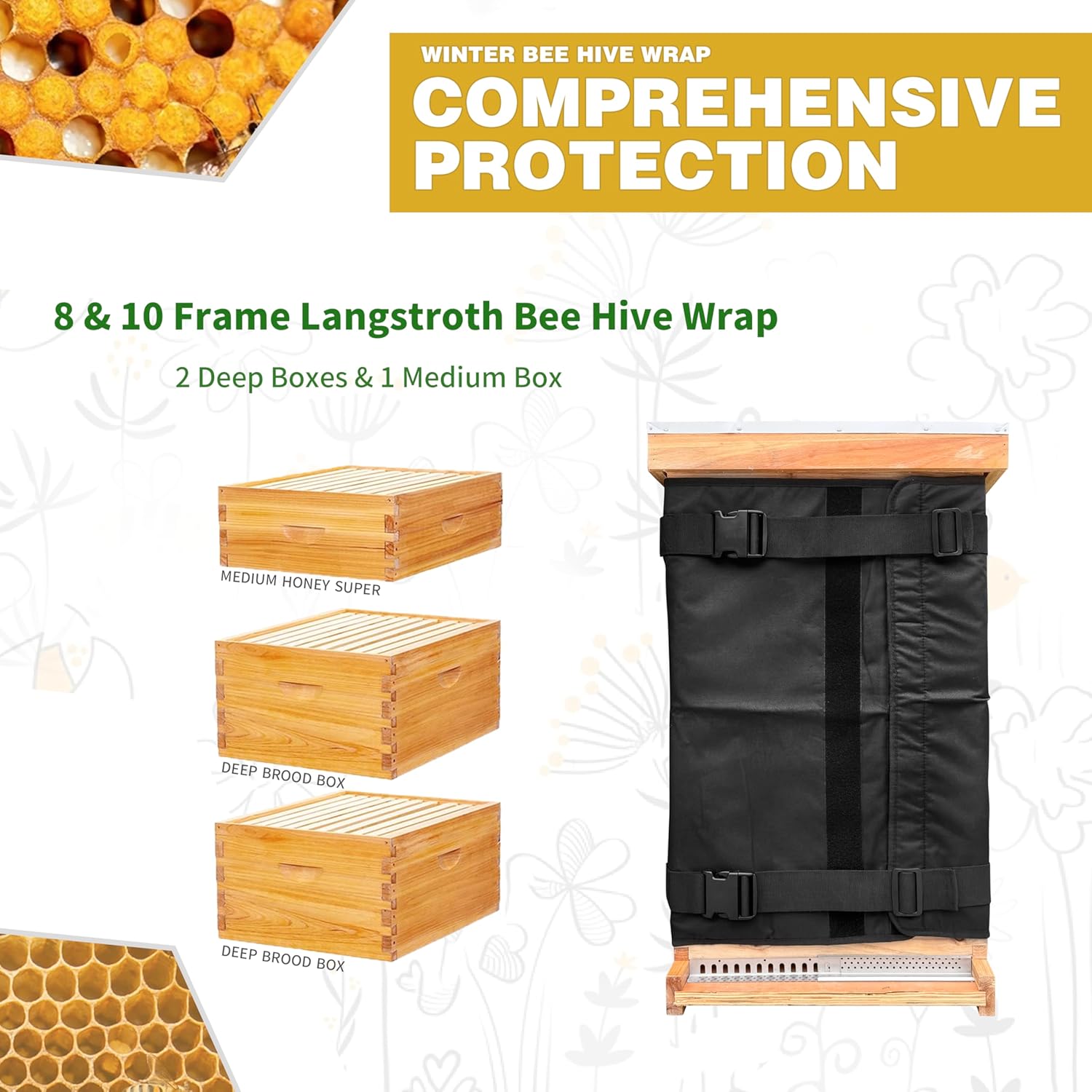 Winter Bee Hive Wrap for 8 and 10 Frame Hives, Adjustable Beehive Wrap Beekeeping Supplies, 600D Oxford Insulated Cover, Waterproof, Windproof, Lightweight, Eco-Friendly, Reusable, 75.98" x 23.6"