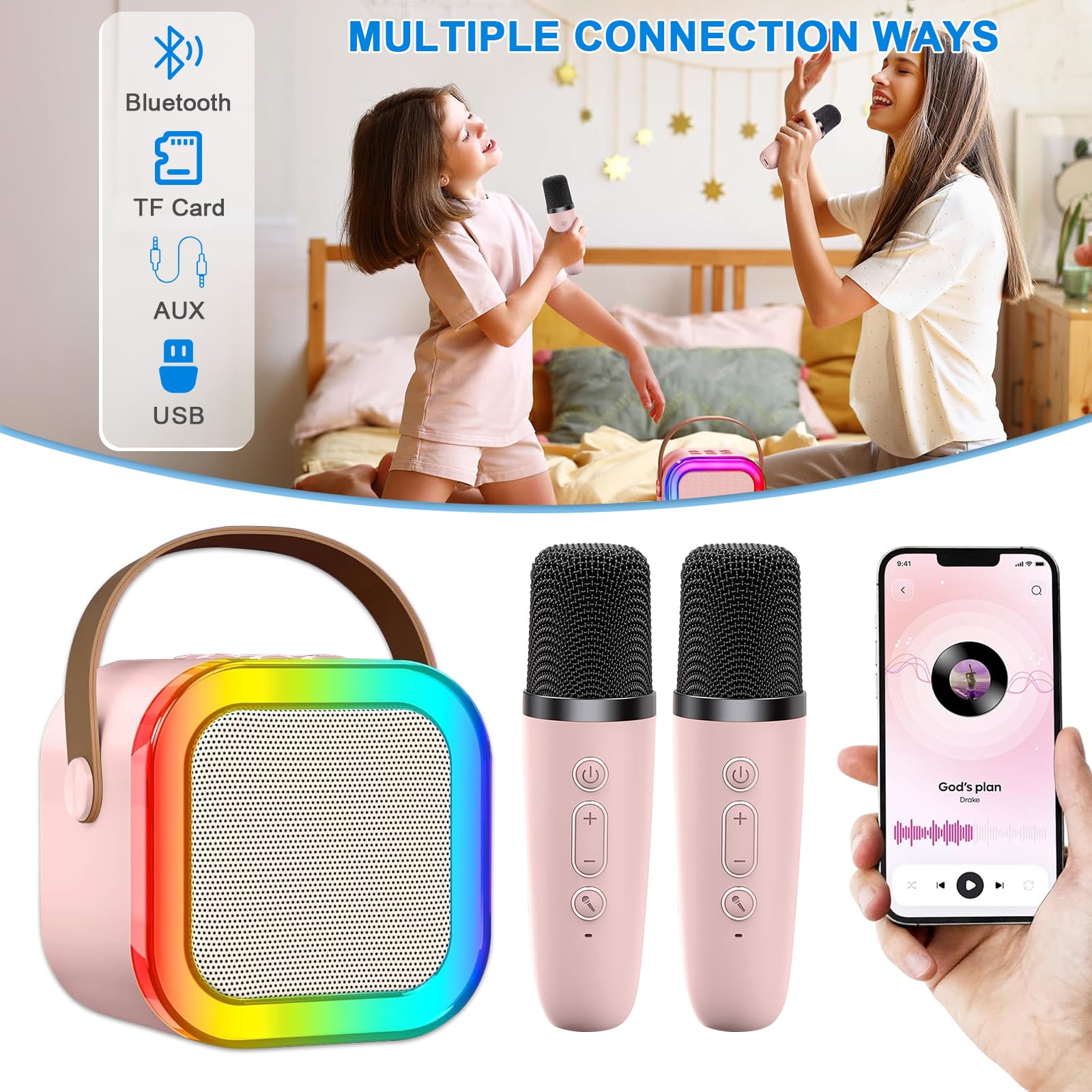 Micro Karaoke per bambini con 2 microfoni senza fili, Bluetooth Karaoke con Luce LED e Effetti di Cambio Voce, Portatile Microfono Macchina Karaoke Regalo per Ragazzi e Ragazze (Rosa)