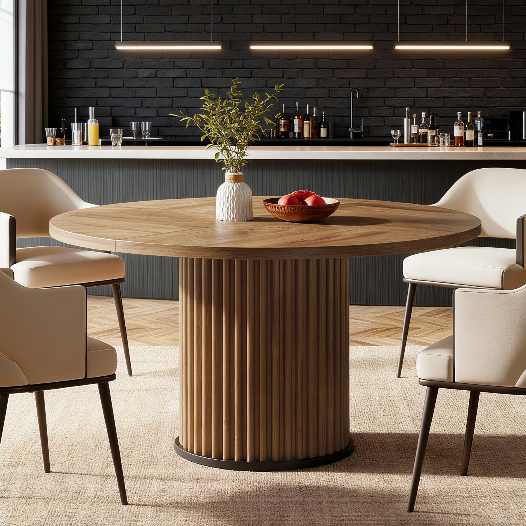 Tribesigns Round Dining Table for 4-6, 47-Inch Modern Circle Kitchen Table with Fluted Round Base, Farmhouse Wood Dinner Table for Dining Room, Kitchen, Living Room, Brown
