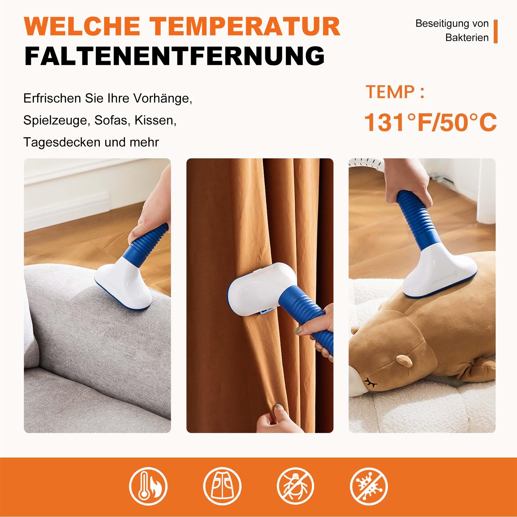 Vertikaler Dampfglätter 1500W Leistung, 1.7L Tank für 55 Min. Dauerdampf, heizt in 45 Sekunden auf, Rollende Räder für Mobilität, Effiziente Faltenentfernung für Kleidung, Professionelle Stoffpflege.