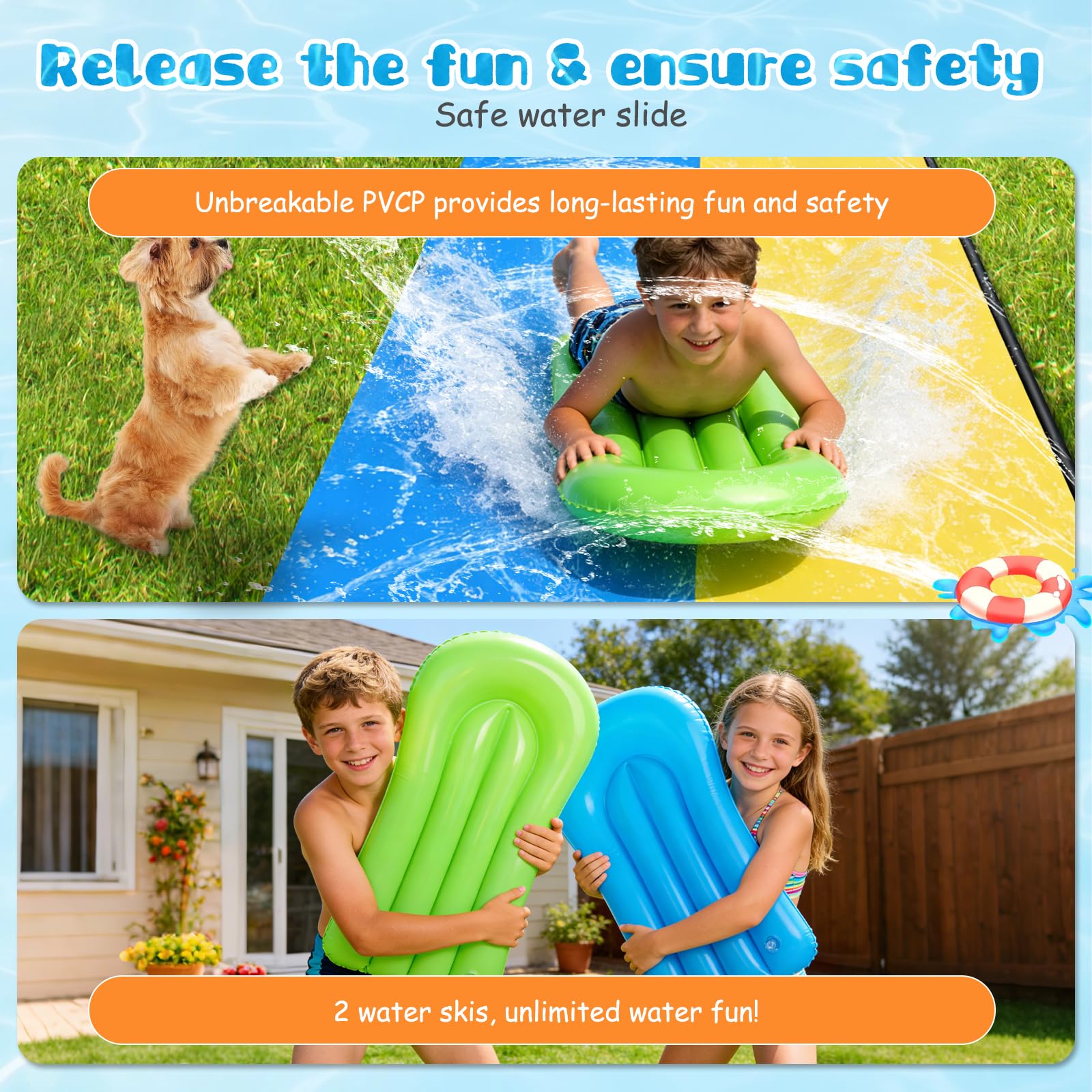 Toboggan Aquatique, 480 x 140cm Toboggan pour Pelouse Double Toboggan à Eau, Toboggan de Pelouse d'été avec Arroseur Intégré avec 2 Planches Gonflables pour Jeux d'eau en Extérieur