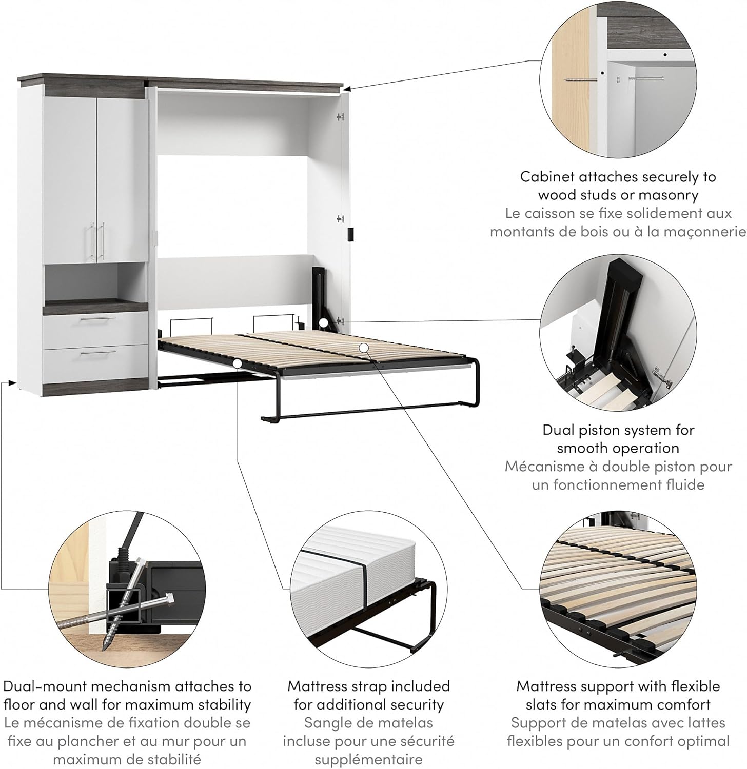 Bestar Orion Full Murphy Bed with Storage Cabinet and Pull-Out Shelf, Sleeping Arrangement with Shelves, White and Walnut Grey