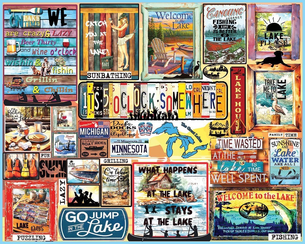White Mountain 1000 Piece Jigsaw Puzzle Lake Lover Quote Collage Puzzles with Large Pieces Gift for Adults and Family 24"x30" - Lake Time