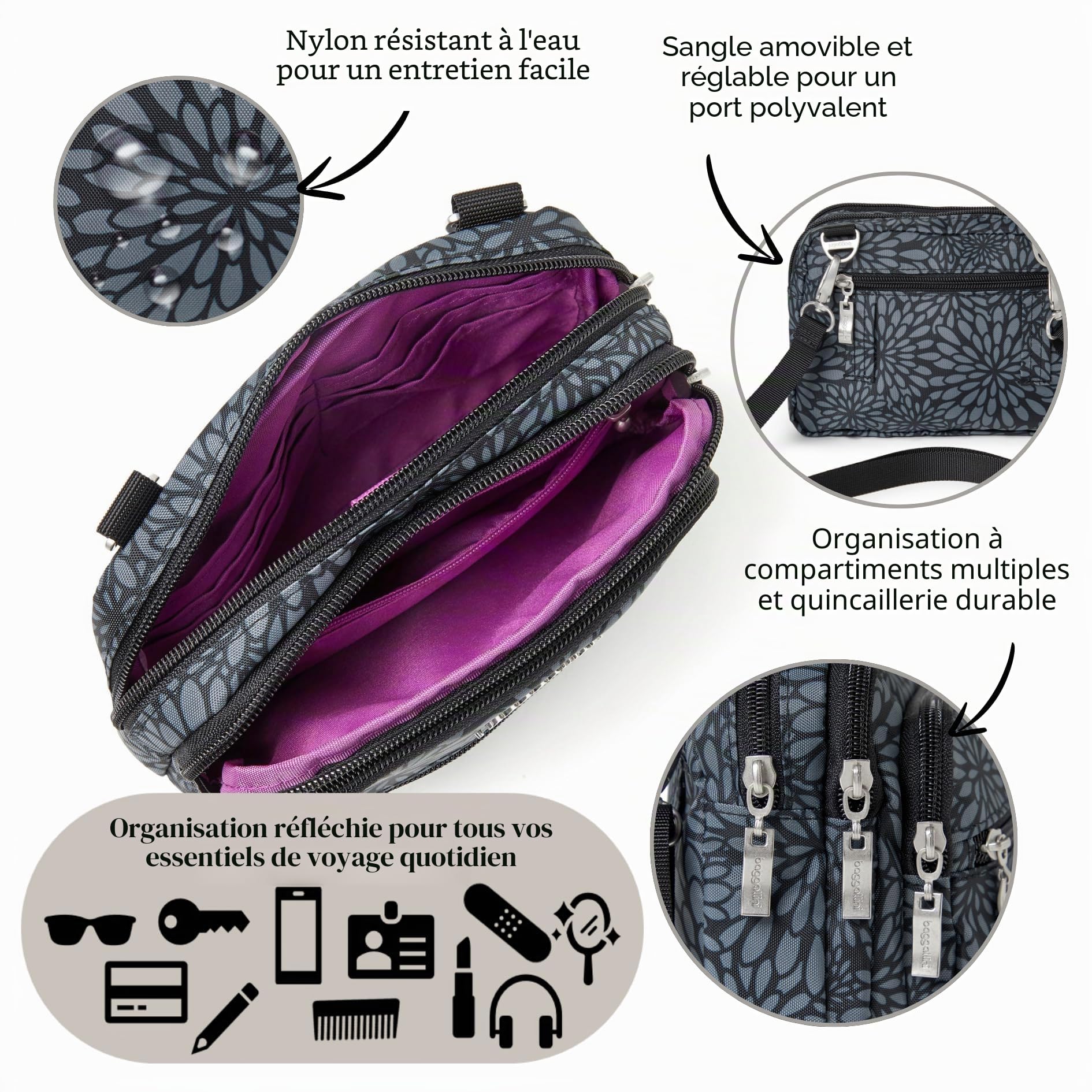 Baggallini Sac à bandoulière à triple fermeture éclair, noir (Étain floral.), Taille unique, Noir, Taille unique