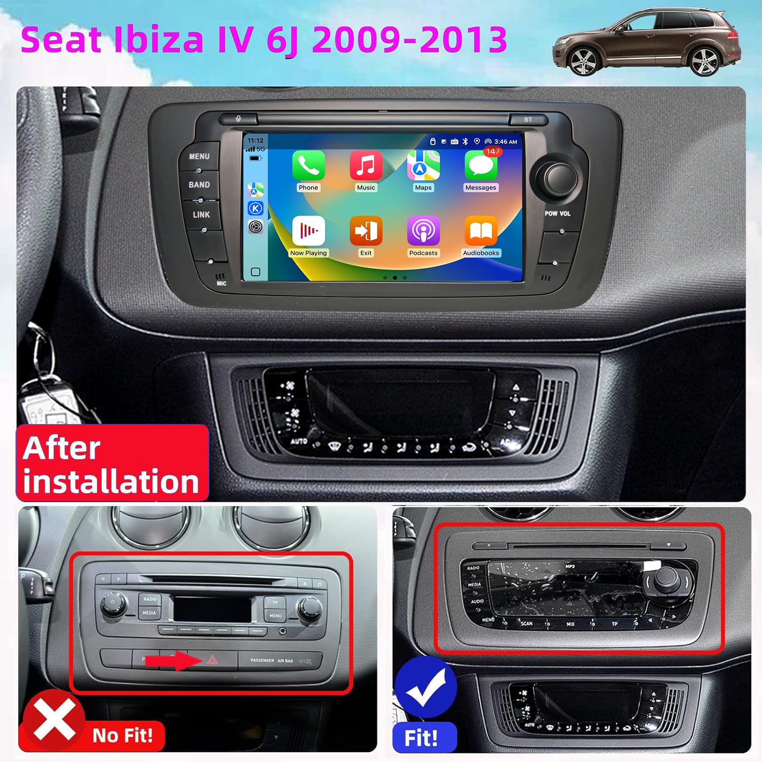 Autoradio geeignet für Volkswagen Seat Ibiza 6J 2009-2014 und Unterstützt kabelloses CarPlay und Android Auto. Verfügt über einen 7-Zoll-Touchscreen mit Radio/Bluetooth/FM/USB/DSP/RDS