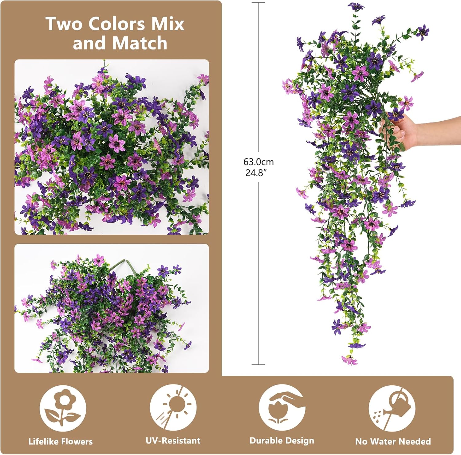Artificial Hanging Flowers for Outdoors, 2 Pcs Fake Hanging Plant Spring Summer Decor, UV Resistant No Fade Realistic Faux Flower for Front Door Porch Planter Patio Garden Yard(Double Purple) - Image 5