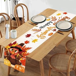 Friendsgiving Table Runner Friendsgiving Tablecloth 13x72in Long Linen Fall Turkey Maple Leaves Pumpkin Happy Friends Giving Runners for Indoor Outdoor Home Thanksgiving Party Table Decorations