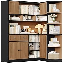 FINETONES 71" Tall Corner Bookshelf with Charging Station and Coffee Stand | Large Bookcase and Bookshelf with Doors, Farmhouse Book Shelf Kitchen Storage Cabinet for Home, Black/Brown