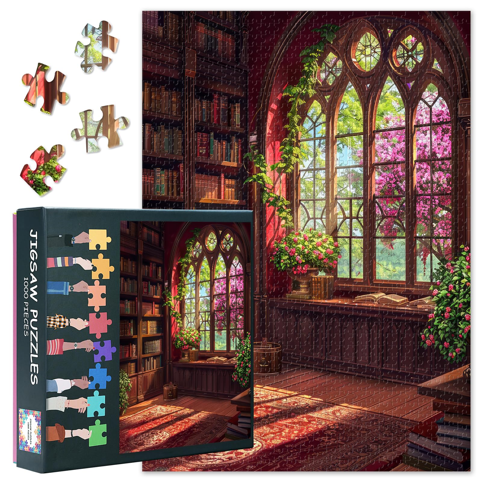 Adult Puzzles 1000 Parts Bookcase - Puzzles Fantasy Art, 70 x 50cm Library Design Difficult Challenging Puzzle Family Game for Men and Women Home Decor (Pink Flowers)