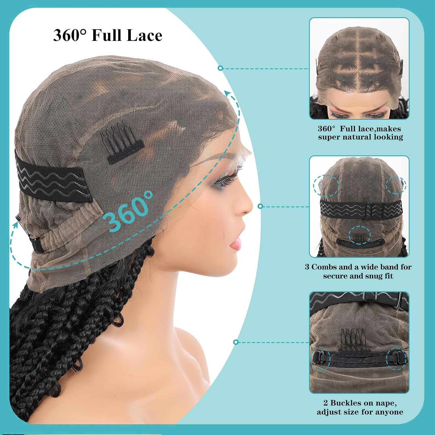 Kalyss Full Lace Knotless Braided Wigs for Women Butterfly Braid Wig Black Box Braided Wig with Baby Hair Premium Synthetic Briaded Lace Front Wigs, 36" 360° HD Full Lace