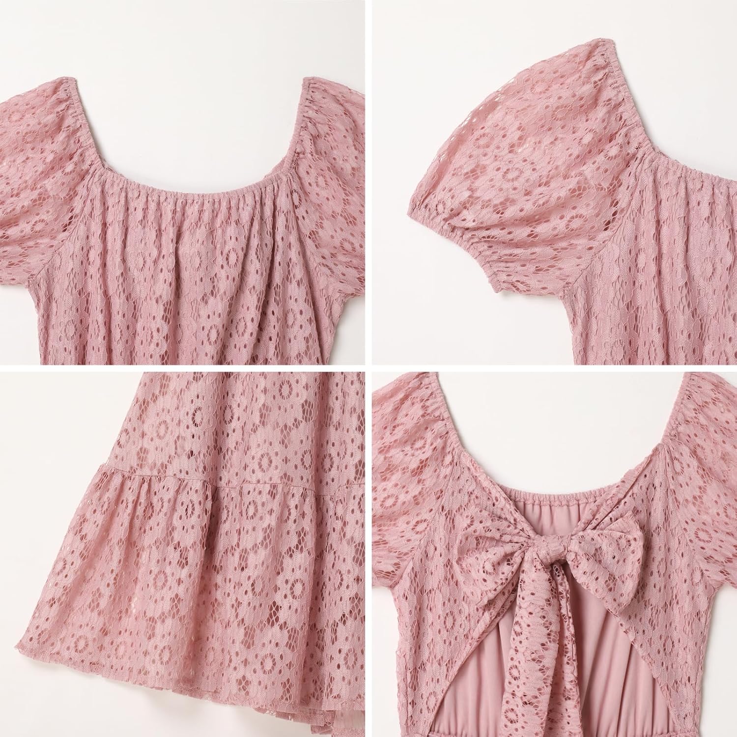 AWIBMK Mommy and Me Vintage Lace Dress Puff Sleeve Bow Tie Back A-line Mother Daughter Summer Casual Party Dresses - Image 6