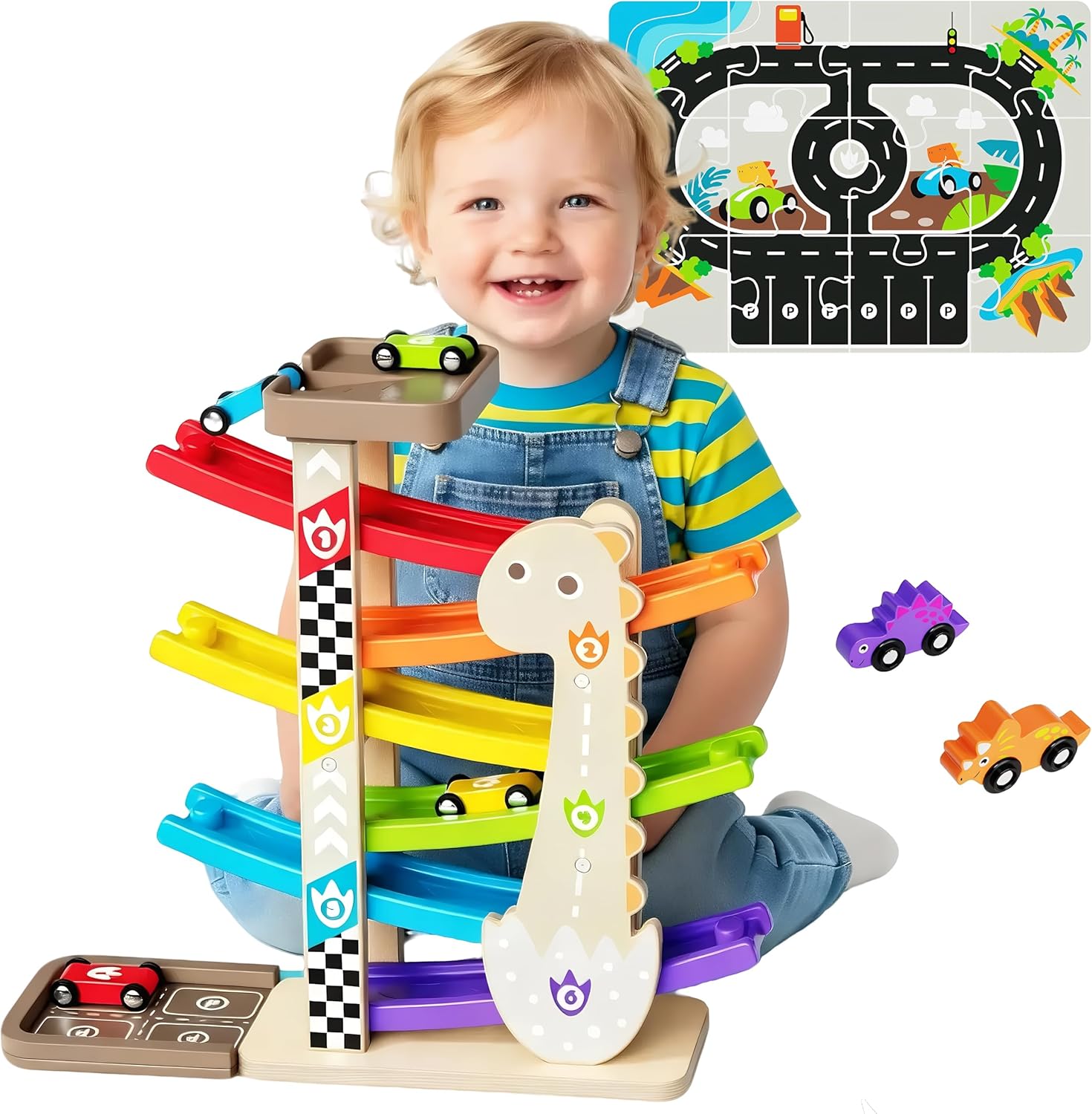 Toys for 2 Year Old Boy, Dinosaur Themed Wooden Car Ramp, Gifts for 1 2 3 4 Year Old Toddler