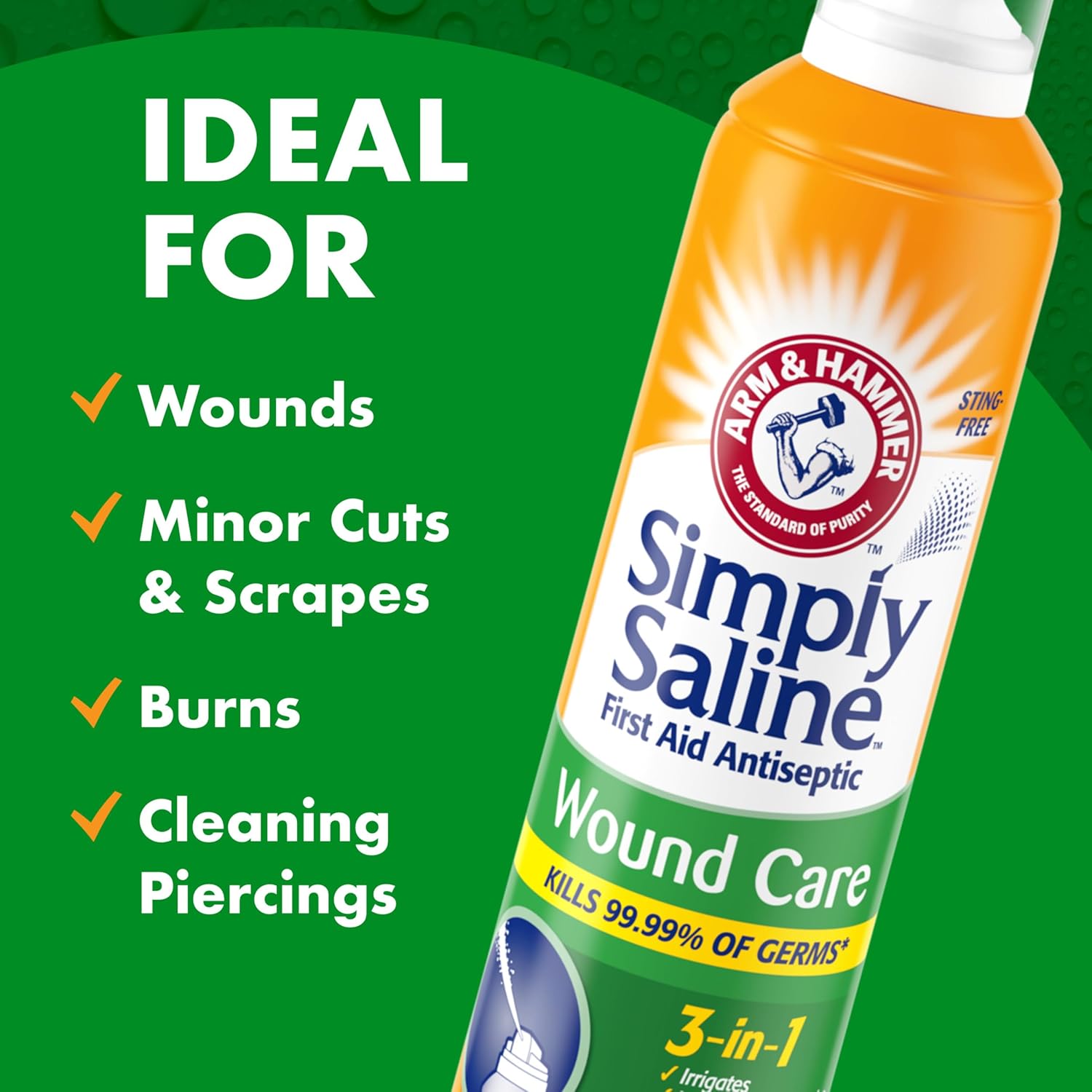 ARM & HAMMER Simply Saline Wound Care 3-in-1, Antiseptic First Aid Spray with Aloe to Help Prevent Infection, Sting-Free Saline for Wound Irrigation and Cleaning, Soothe Wounds with Aloe, 7.4 oz, 2pk - Image 6