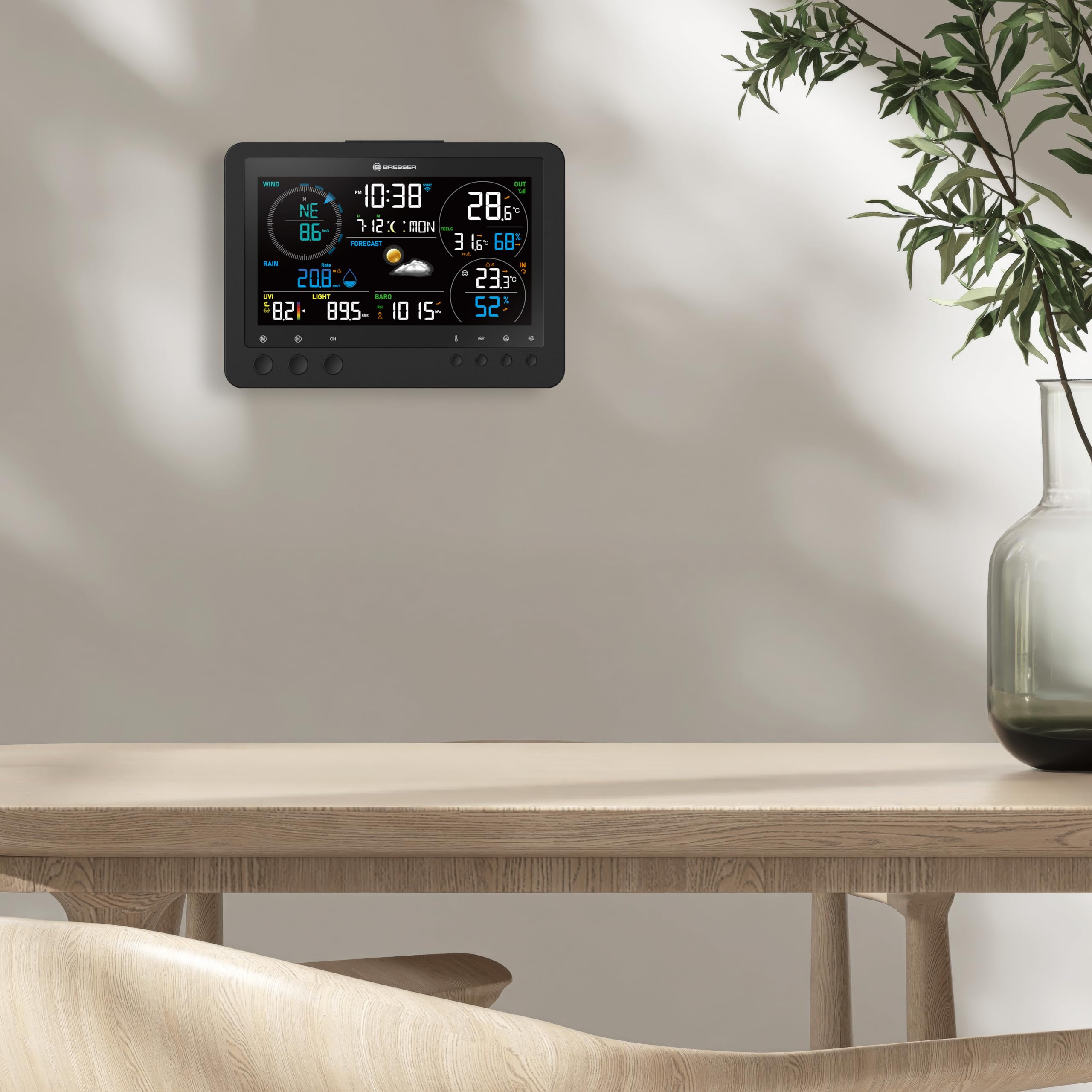 Bresser Bise Profi WLAN Wetterstation Funk mit 8 in 1 Außensensor | Innentemperatur und Außentemperatur, Luftfeuchtigkeit, Regenmesser, Windmesser, Wettervorhersage, App, WBGT