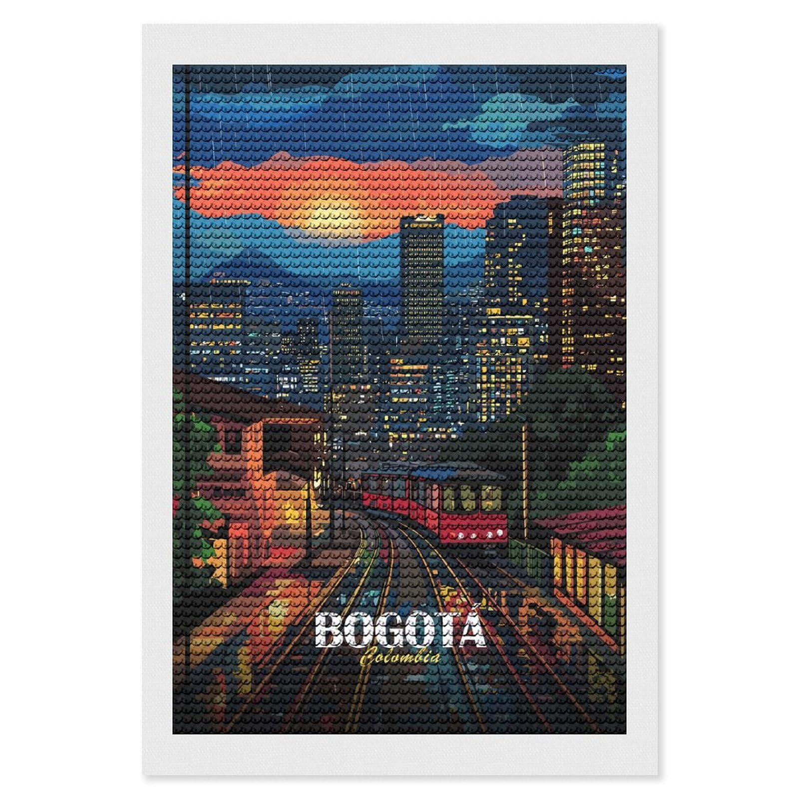 Junmoney Bogota Colombia Cityscape Rainy Night Diamond Painting Set 8"x12", Neat Printed Canvas, with Tool Kit, Bedroom Decor, Gift Idea, Complete Accessories
