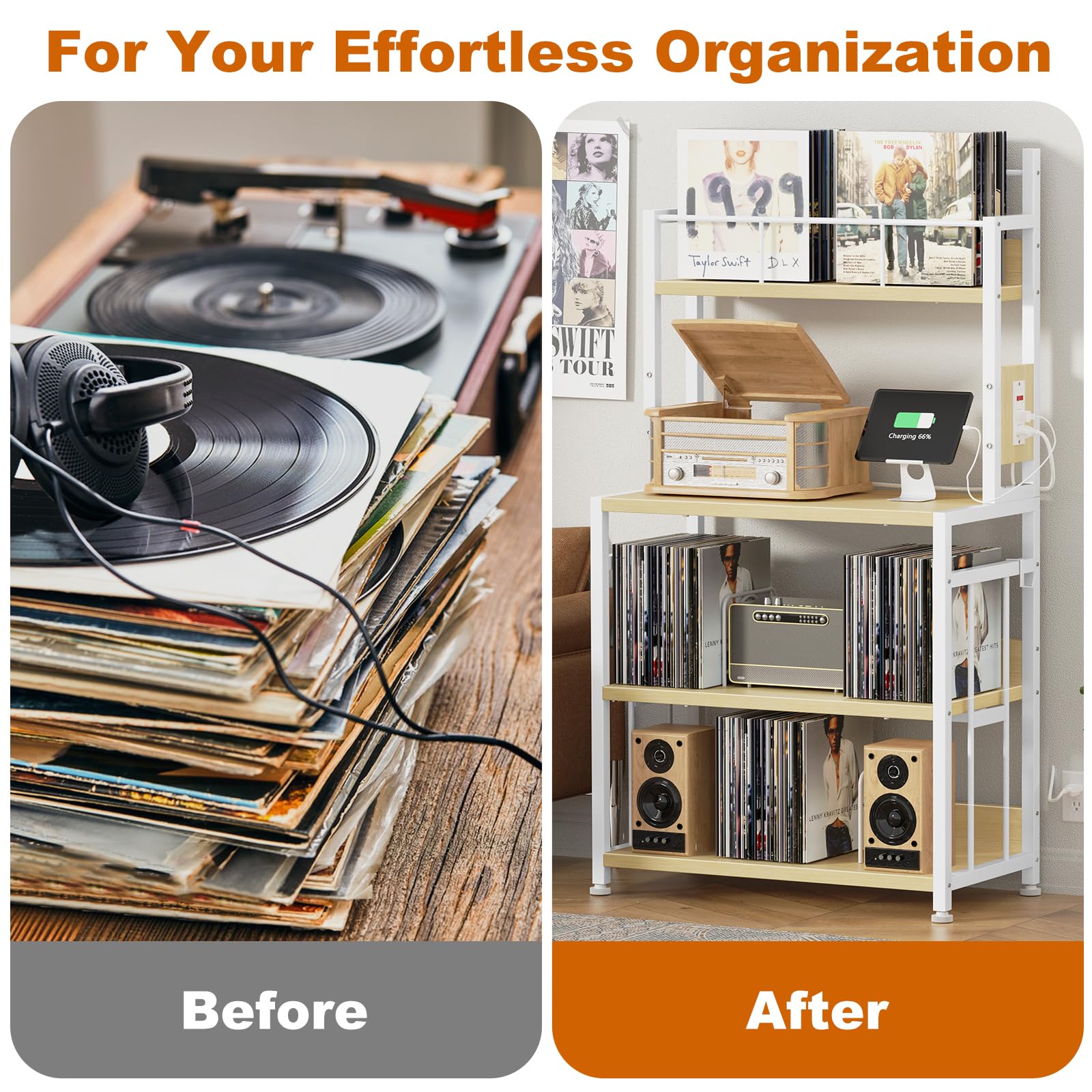 EasyCom Supporto per giradischi con contenitore in vinile, supporto per giradischi può contenere fino a 300 album, grande tavolo per giradischi con stazione di ricarica, supporto per dischi in vinile