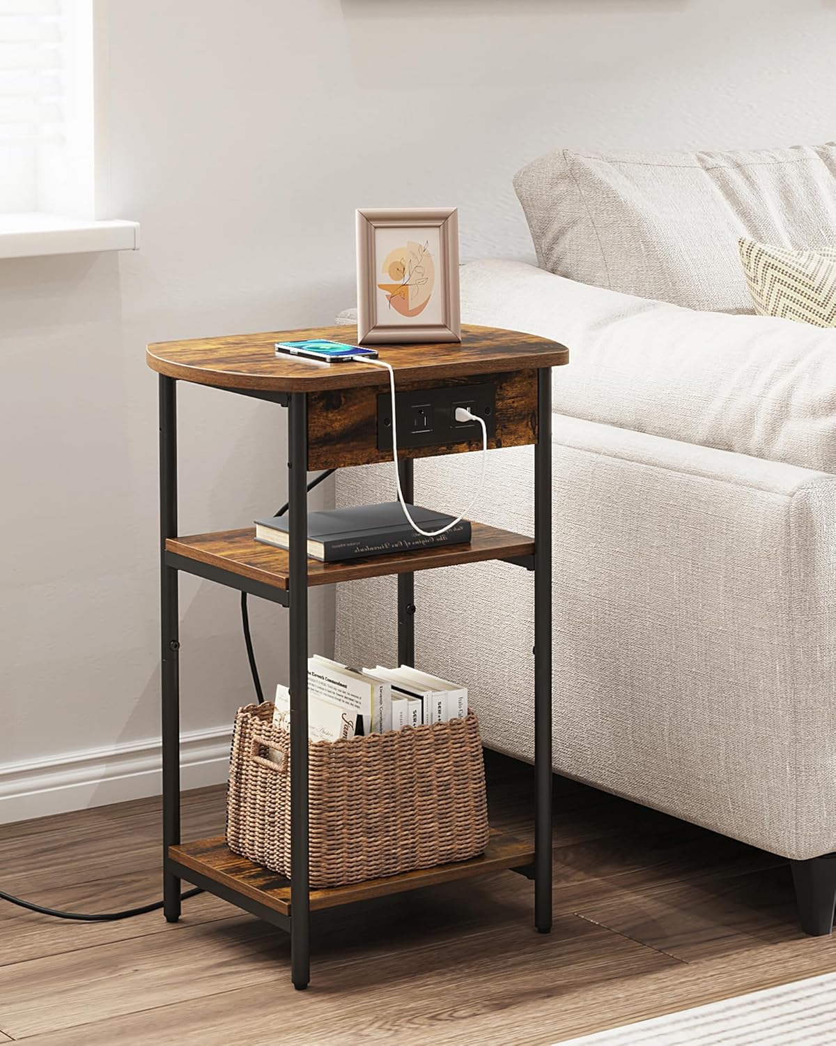 End Table with Charging Station, 3 Tier Storage Bed Side Table with USB Port & Outlet, Nightstand for Living Room, Bedroom, Narrow Side Table, Rustic Brown and Black ET05201B - Image 4