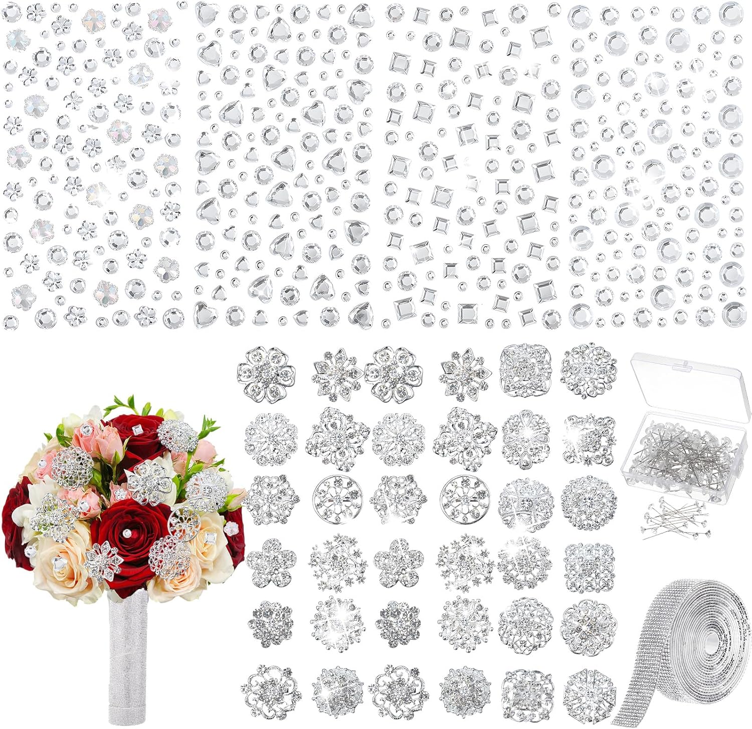 Quelay 141 Pcs Bouquet Pins Flower Brooch Wedding Bouquet Kit Self Adhesive Crystal Rhinestone Ribbon Bling Jewels Stickers for Wedding Birthday DIY Art Crafts Decoration Supplies