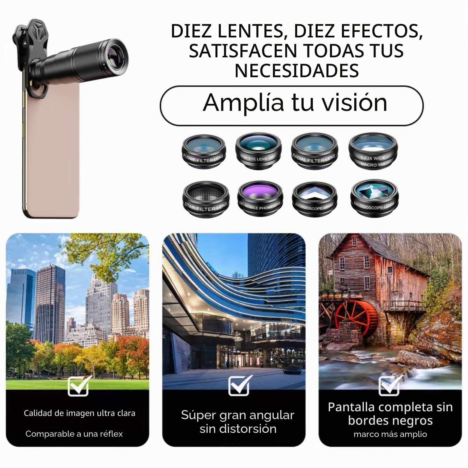 Objetivo para movil Universal, 10 en 1 Lentes Macro para movil, 22x Telephoto, 0.63x Wide, 15x Macro,198° Fisheye, Objetivo telefono,para la mayoría de Smartphones
