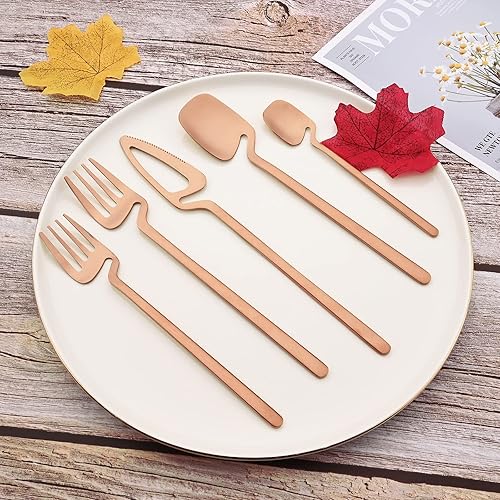 Miniatura 2 de JASHII Juego de cubiertos de acero inoxidable 304 color oro rosa mate, juego de cubiertos de 20 piezas, moderno juego de cubiertos colgantes, regalo