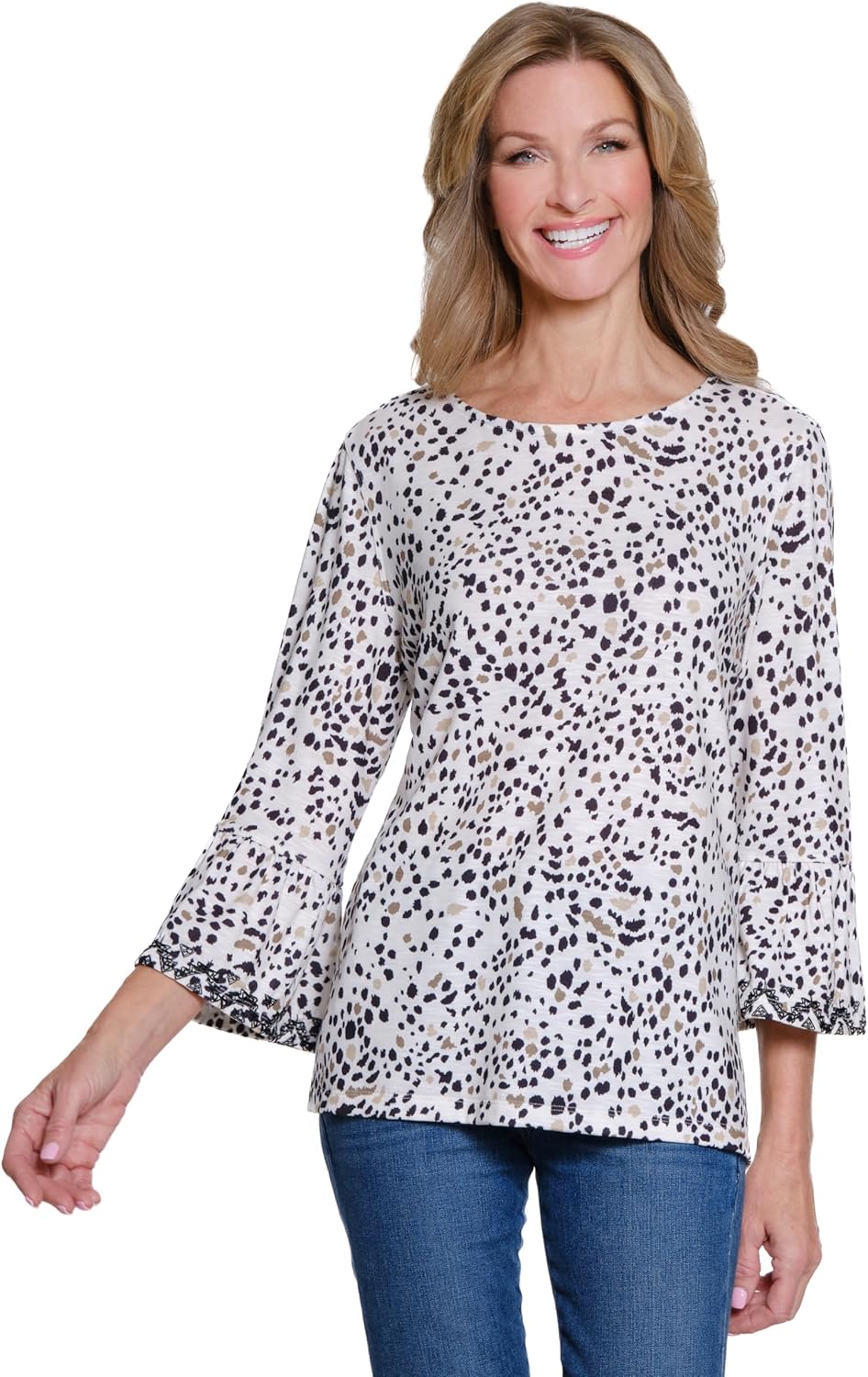 MULTIPLES Women's Petite Three Quarters Flounce Sleeve Crew Neck Faux Button Back Top with Embroidery, Multi