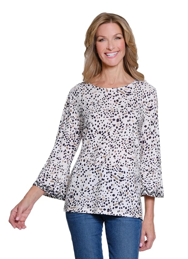 MULTIPLES Women's Three Quarters Flounce Sleeve Crew Neck Faux Button Back Top with Embroidery, Multi by MULTIPLES - Used condition - US$17.76