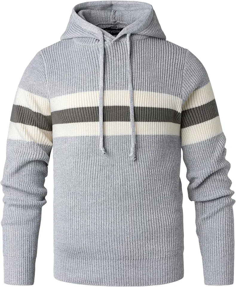 Men's Hooded Sweater Knitted Pullover Long Sleeve Stripe Jumper Drawstring Knitwear