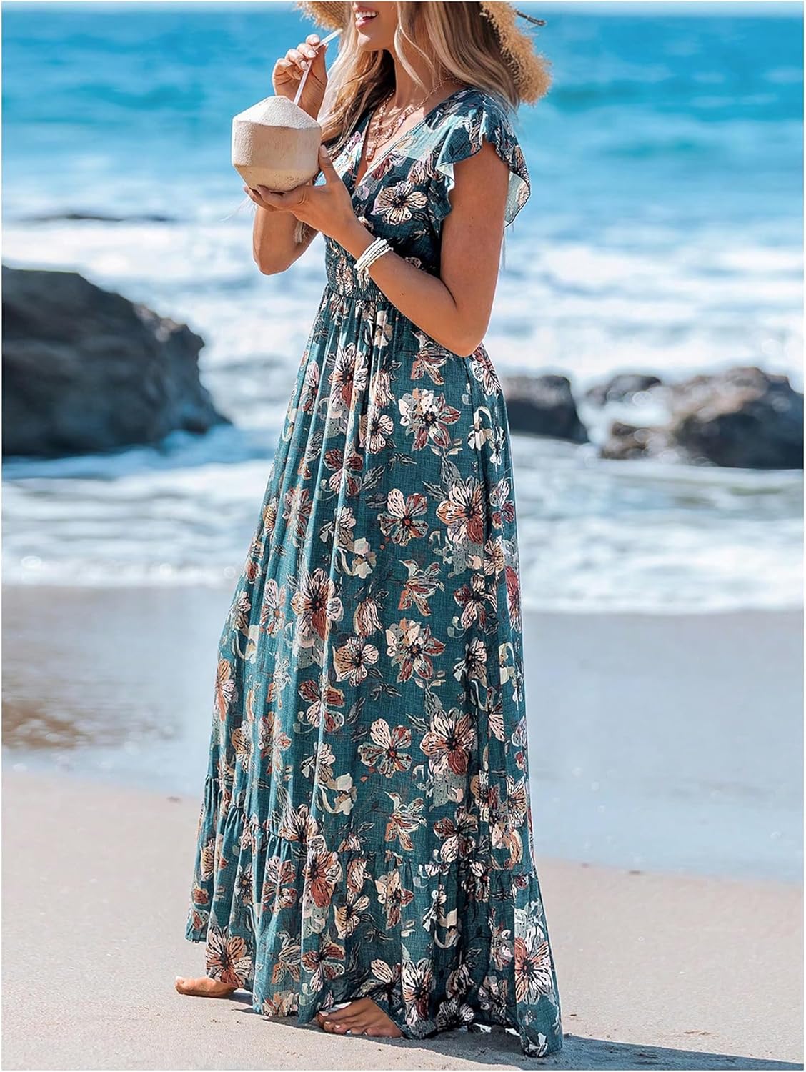 Women's Boho Floral Maxi Dress Summer Ruffle V Neck A Line Flowy Sundress Beach Vacation Clothes - Image 3