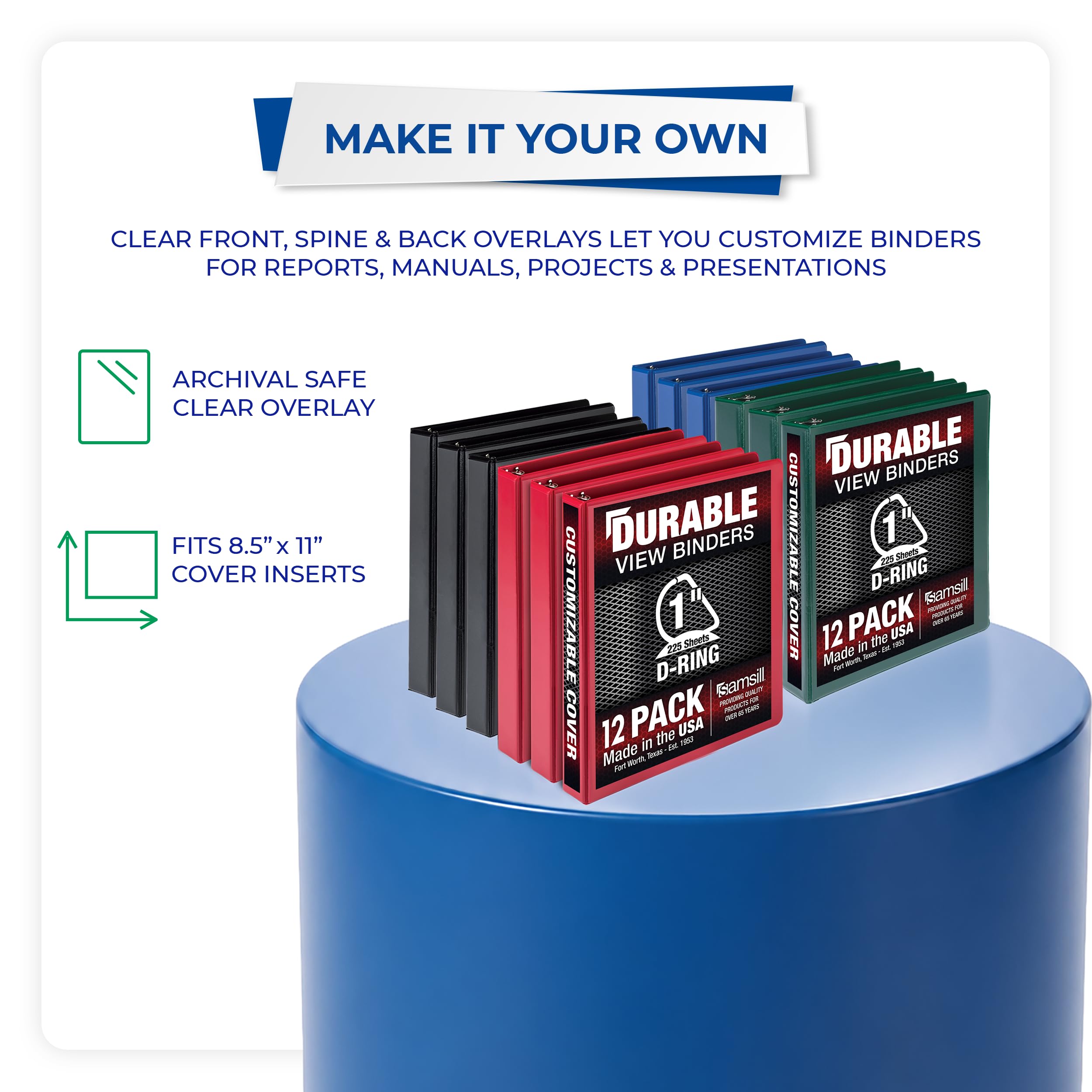 Samsill Lot de 12 classeurs durables à 3 anneaux fabriqués aux États-Unis, classeur à anneaux en D de 2,5 cm, peut contenir 225 feuilles, couverture transparente personnalisable, assortiment de base,