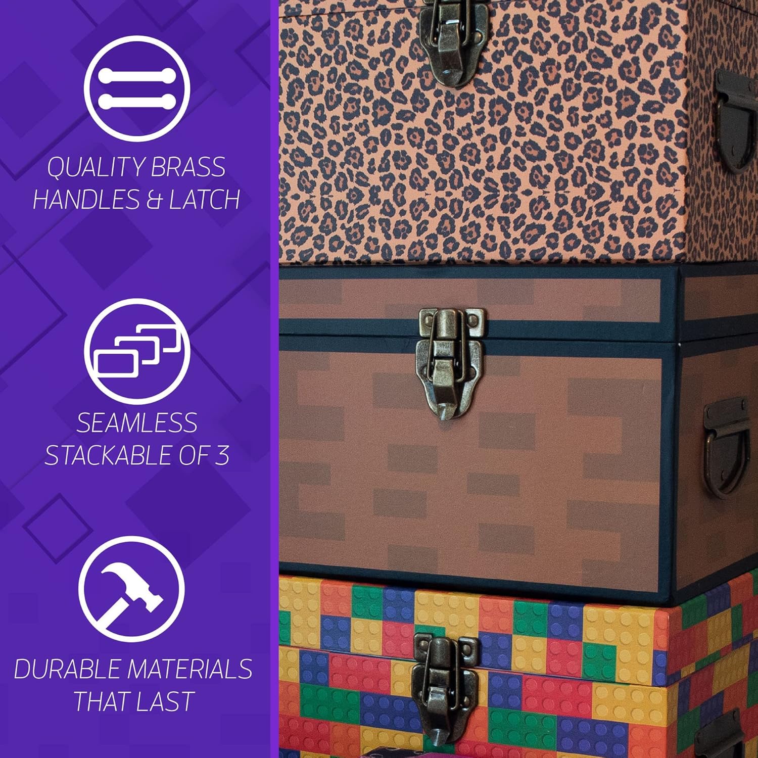 Blue Orchards Pixel Treasure Chest Paperboard Boxes (Set of 3), Decoration for Video Gamers, Birthday Parties, Mining Fun, Storage or Display