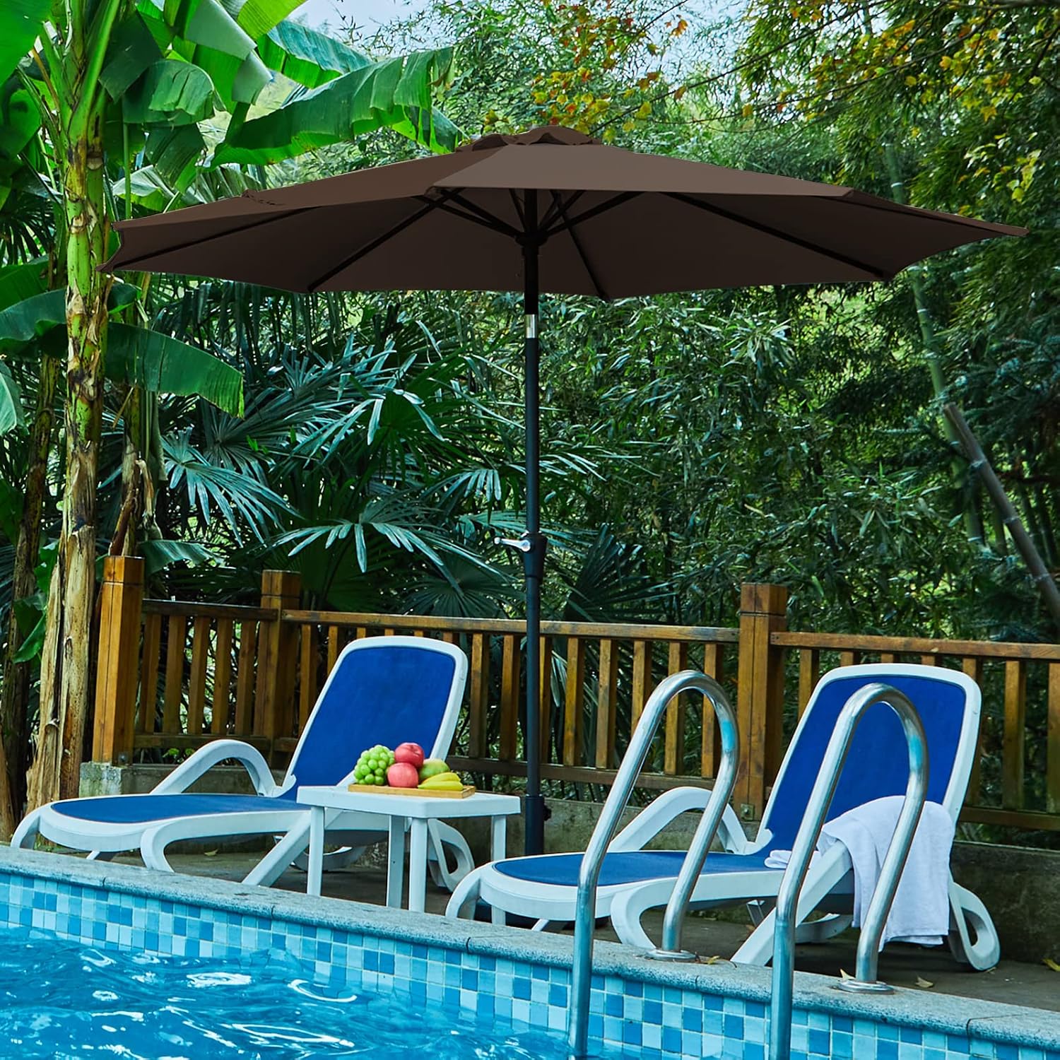 ROWHY 9ft Patio Umbrella Outdoor Table Umbrella Patio Market Umbrella with Push Button Tilt and Crank 8 Ribs for Garden, Lawn, Deck, Backyard & Pool, Coffee
